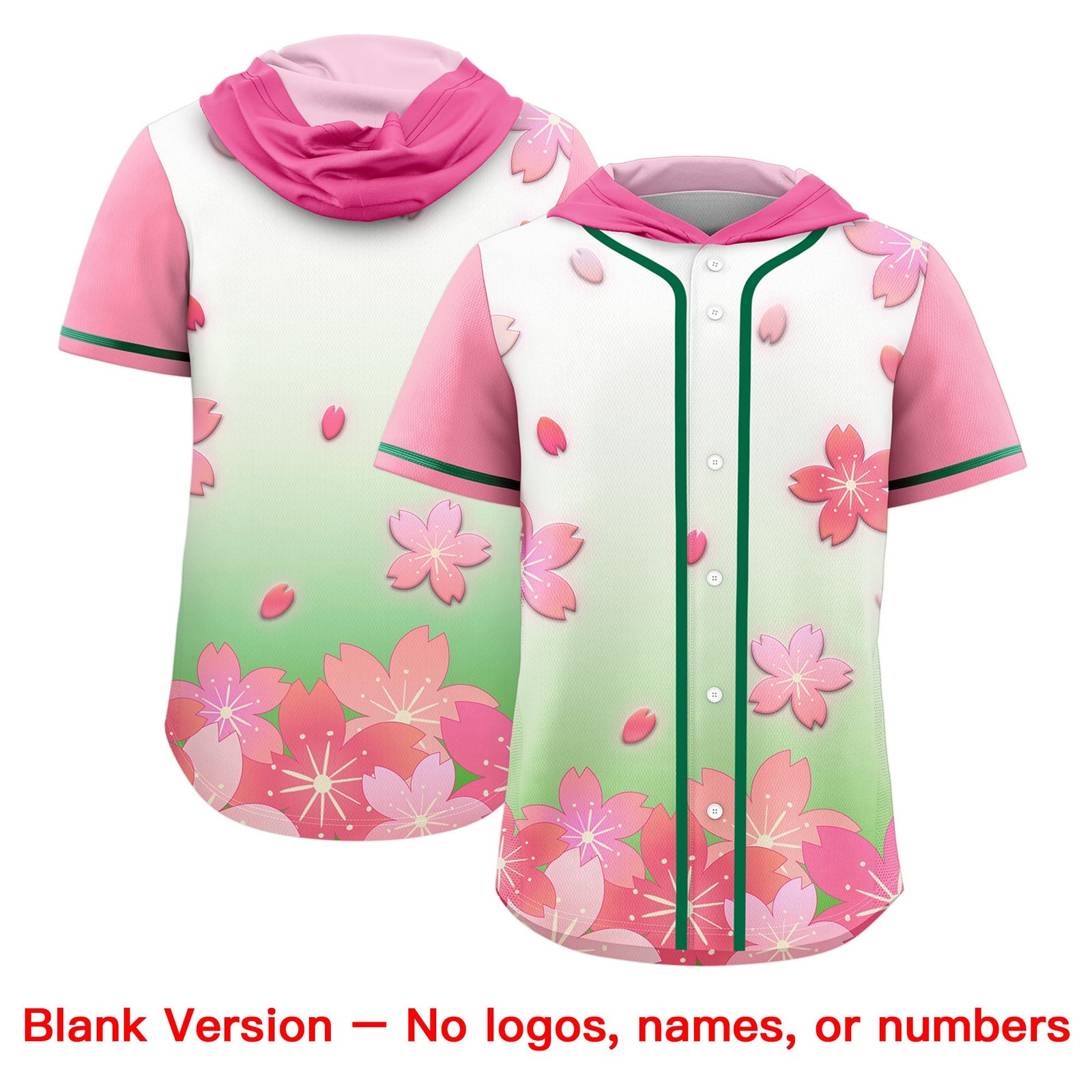 Custom Hooded Baseball Jersey | Pink Light Green Cherry Blossom Personalized Name & Number Sport Jersey