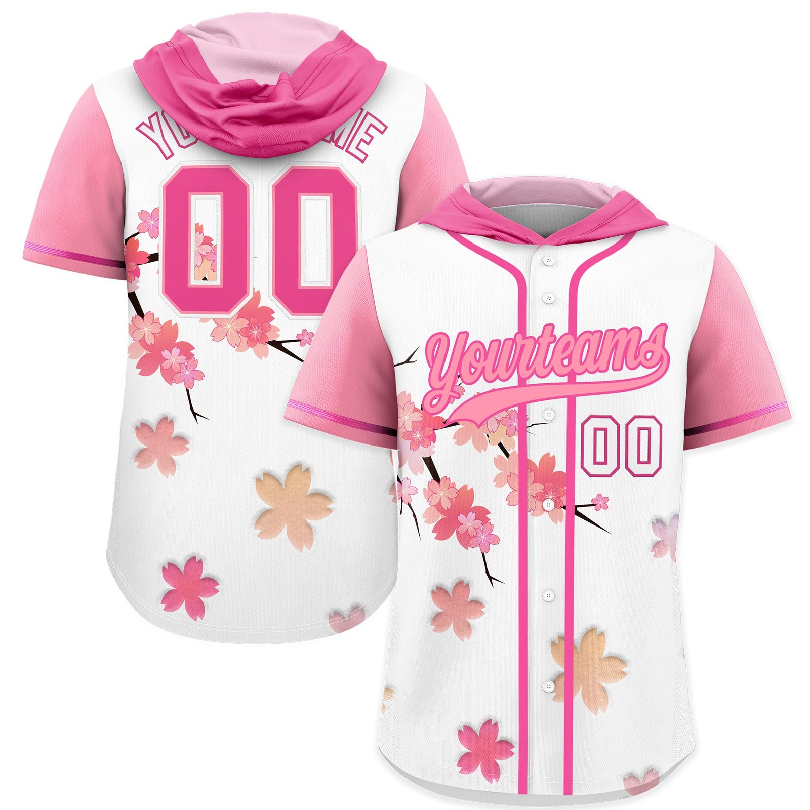 Custom Hooded Baseball Jersey | Pink Light Pink Cherry Blossom Breathable Athleisure Streetwear