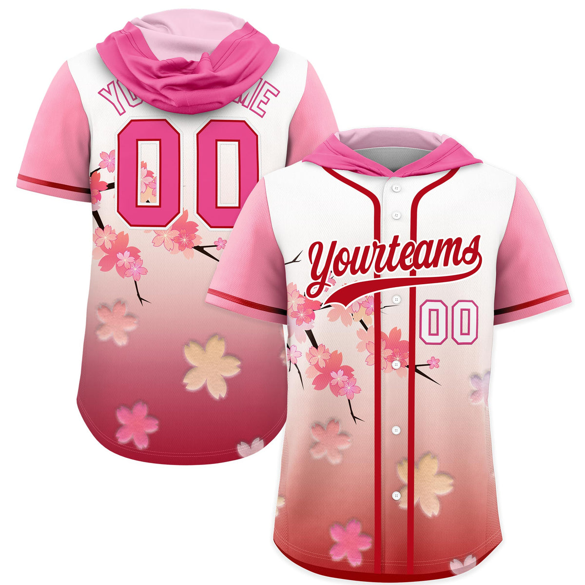 Custom Hooded Baseball Jersey | Pink Red Cherry Blossom Moisture-Wicking Jersey for Men &amp; Women