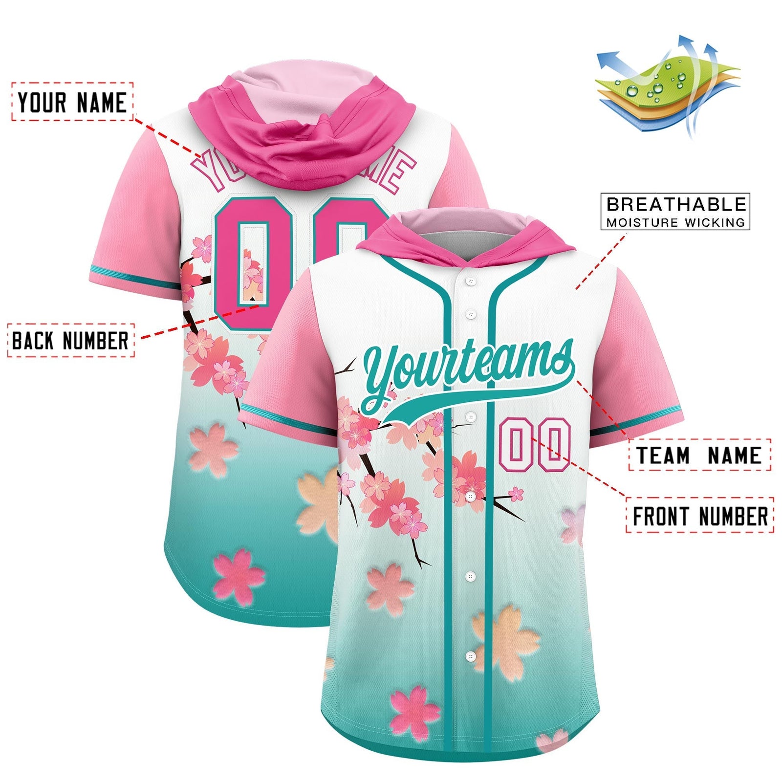 Custom Hooded Baseball Jersey | Pink Aqua Cherry Blossom Personalized Name & Number Sport Jersey