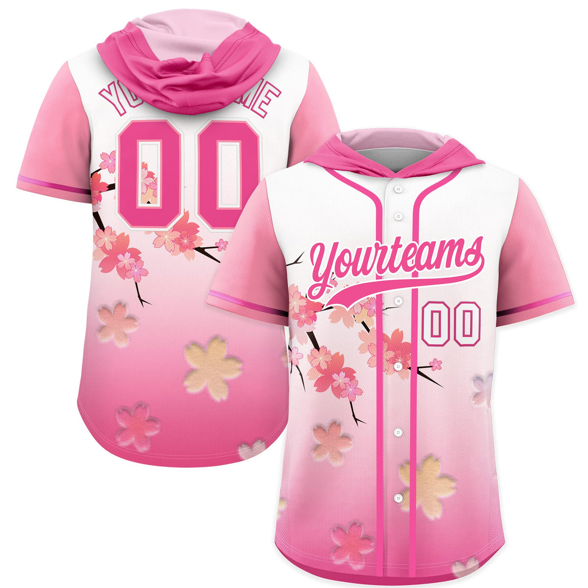 Custom Hooded Baseball Jersey | Pink White Cherry Blossom Personalized Name &amp; Number Sport Jersey