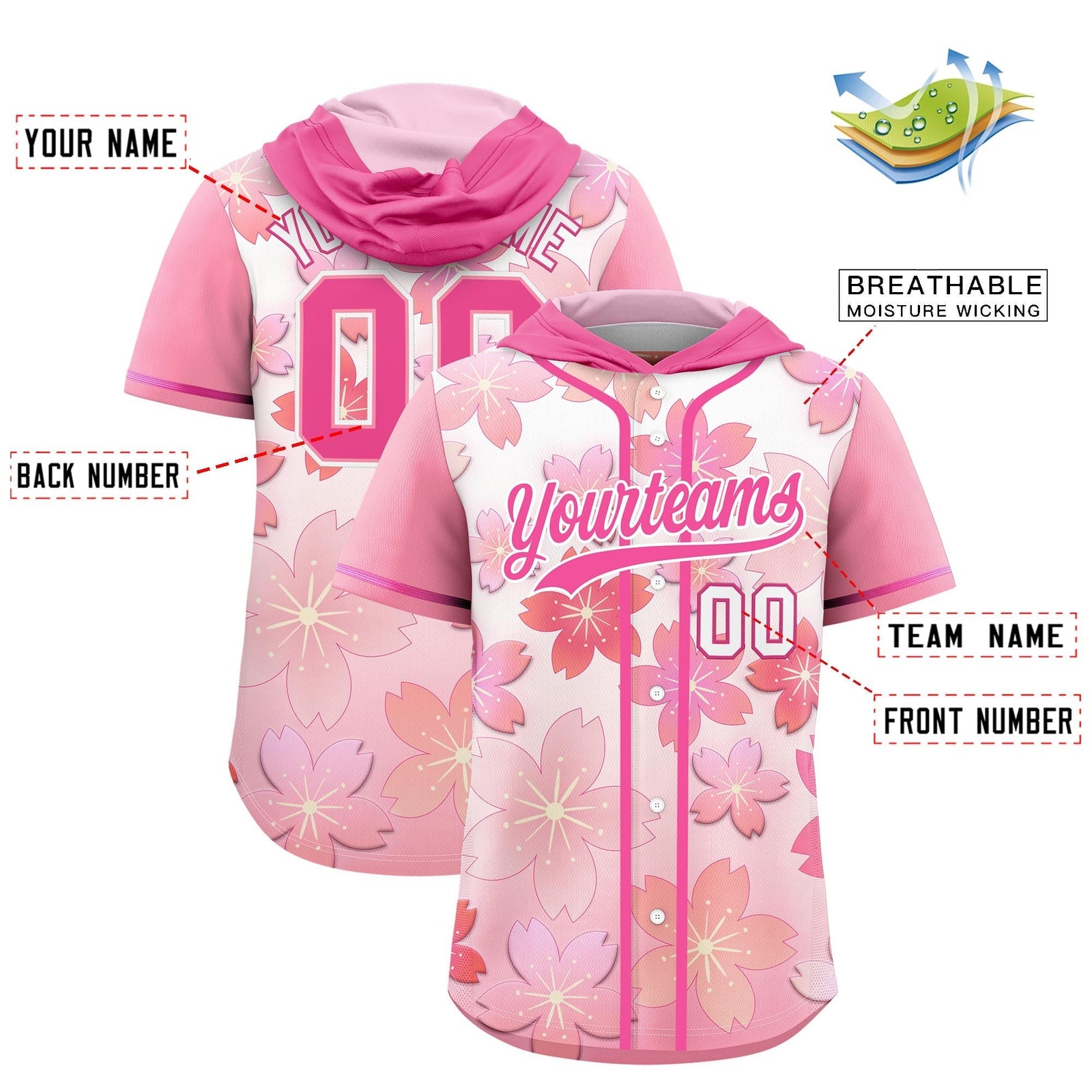 Custom Hooded Baseball Jersey | Pink Pink Cherry Blossom Personalized Name & Number Sport Jersey