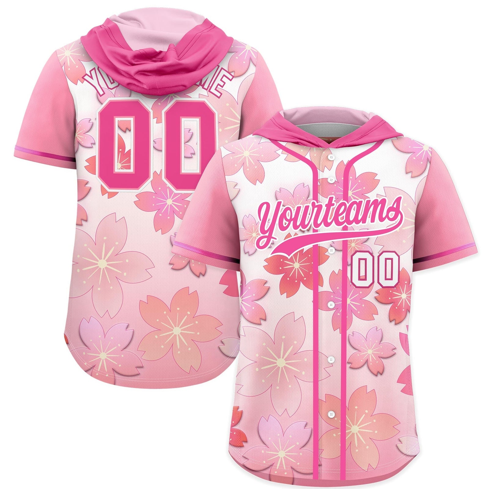 Custom Hooded Baseball Jersey | Pink Pink Cherry Blossom Personalized Name & Number Sport Jersey