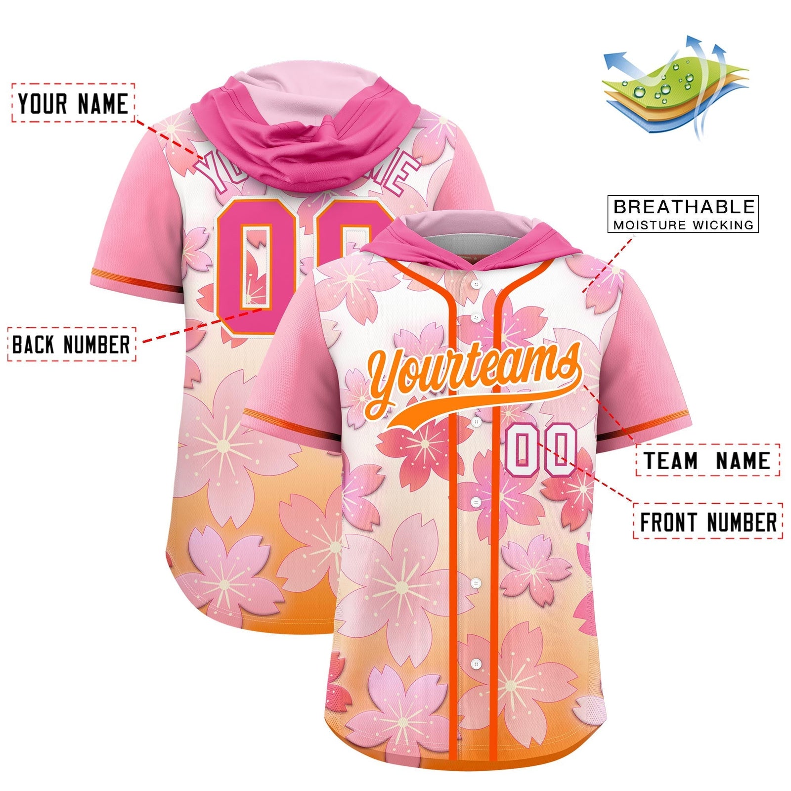 Custom Hooded Baseball Jersey | Pink Orange Cherry Blossom Moisture-Wicking Jersey for Men & Women