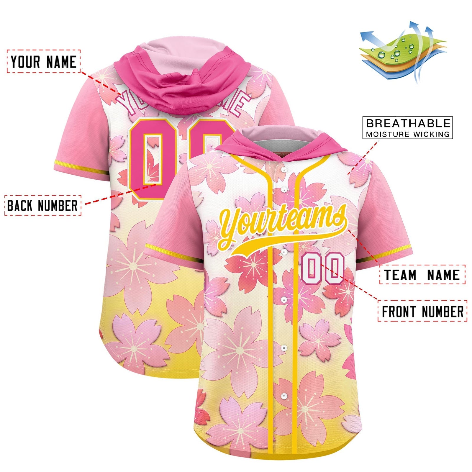 Custom Hooded Baseball Jersey | Pink Gold Cherry Blossom Personalized Name & Number Sport Jersey