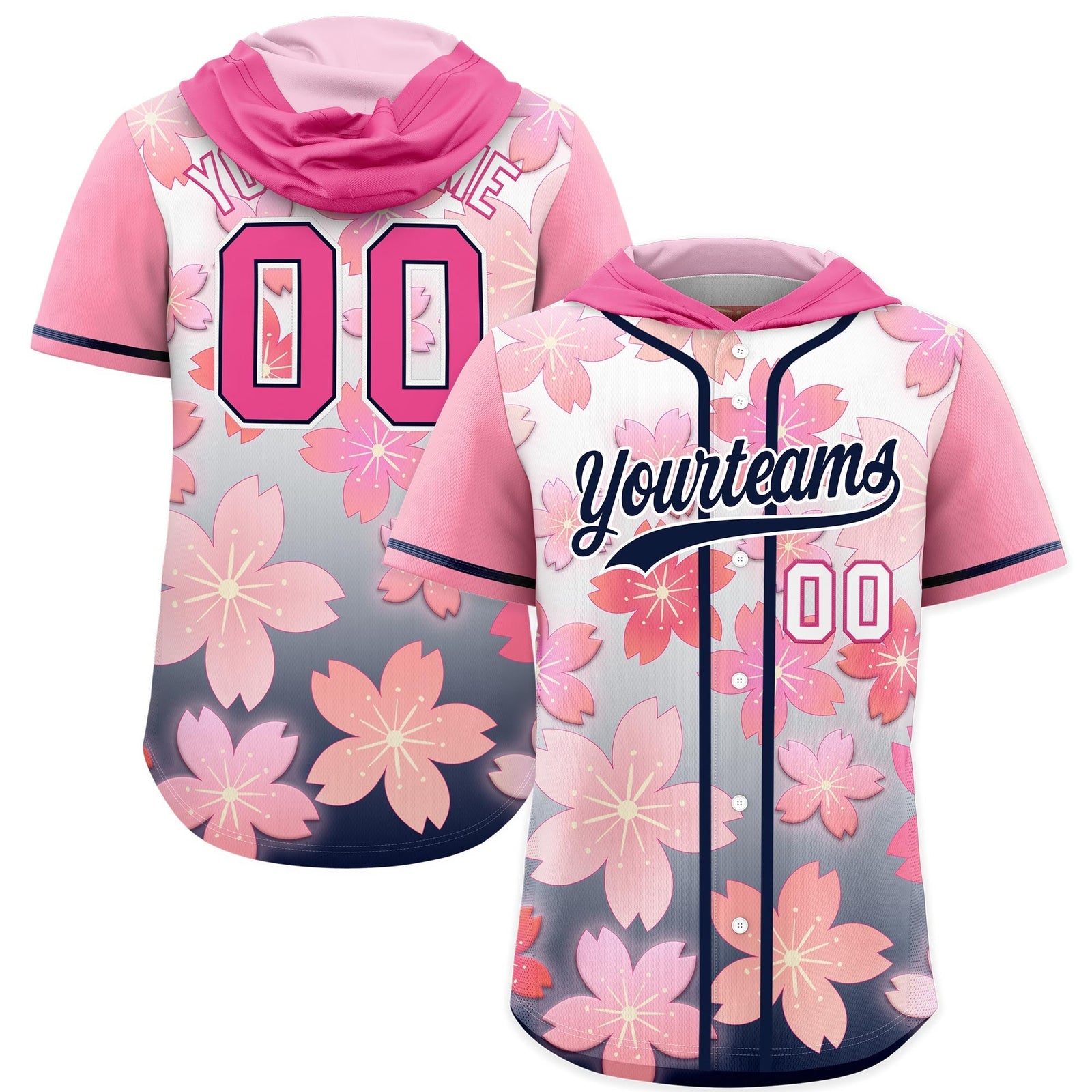 Custom Hooded Baseball Jersey | Pink Navy Cherry Blossom Breathable Athleisure Streetwear