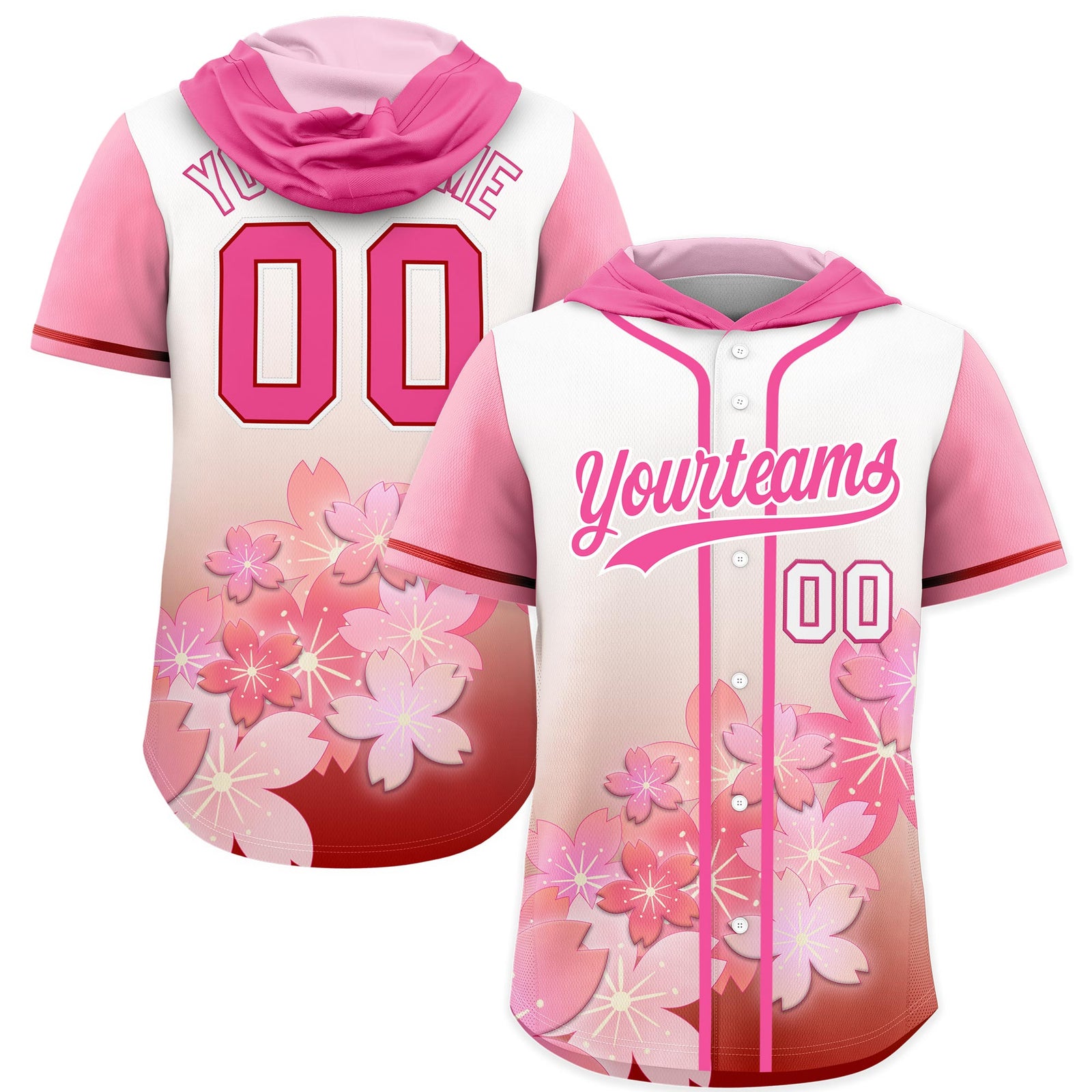 Custom Hooded Baseball Jersey | Pink Pink Cherry Blossom Breathable Athleisure Streetwear