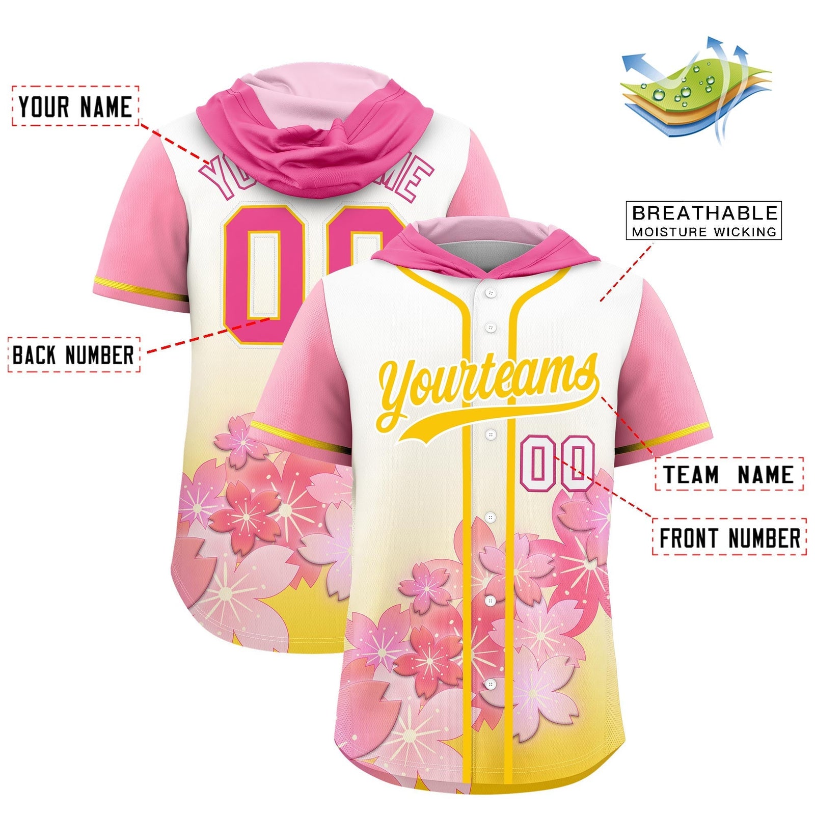 Custom Hooded Baseball Jersey | Gold White Cherry Blossom Personalized Name & Number Sport Jersey