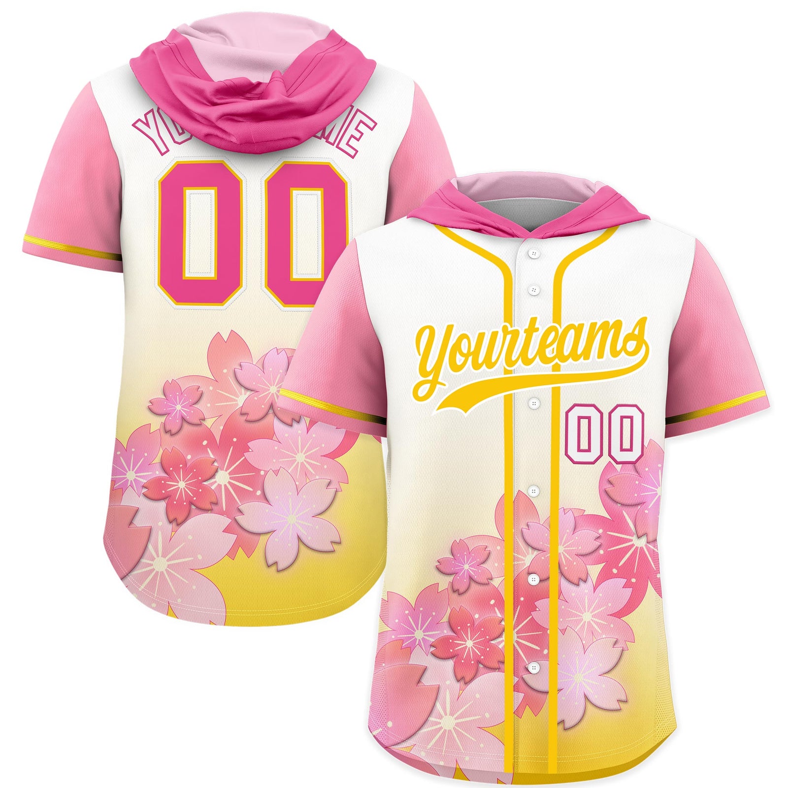 Custom Hooded Baseball Jersey | Gold White Cherry Blossom Personalized Name & Number Sport Jersey