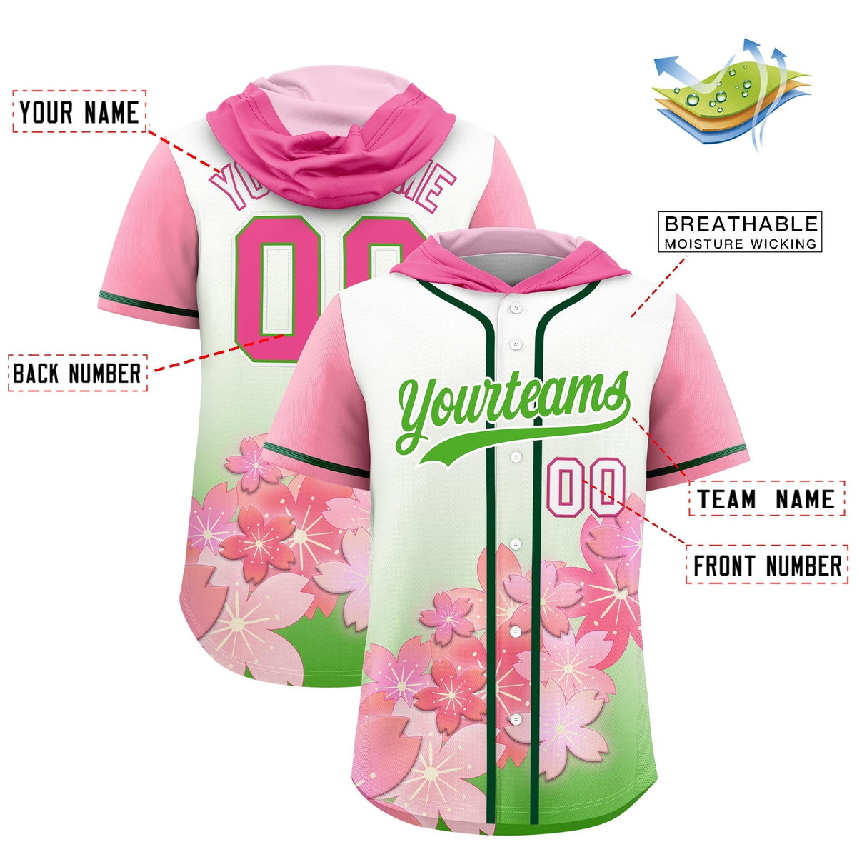 Custom Hooded Baseball Jersey | Pink Light Green Cherry Blossom Breathable Athleisure Streetwear