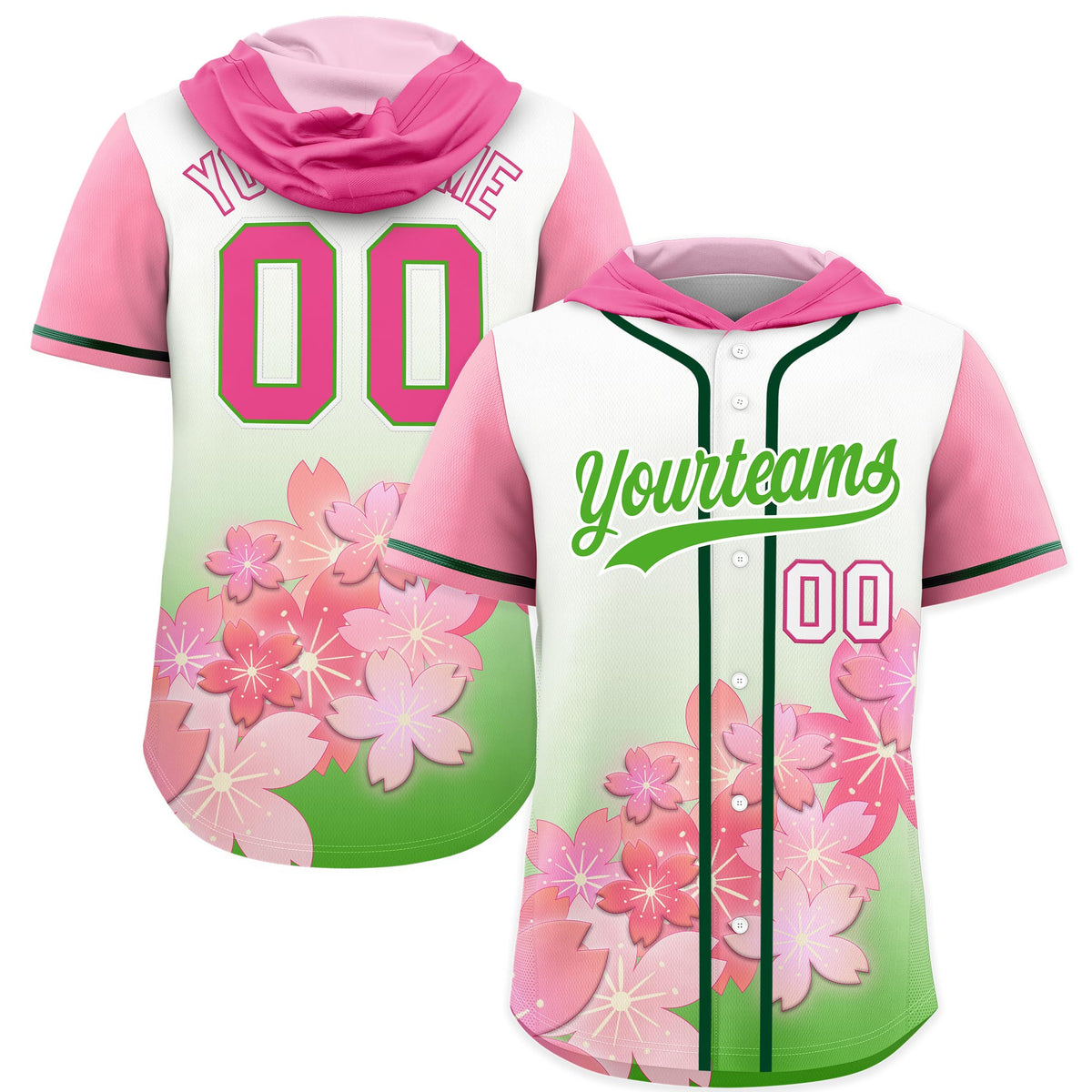 Custom Hooded Baseball Jersey | Pink Light Green Cherry Blossom Breathable Athleisure Streetwear