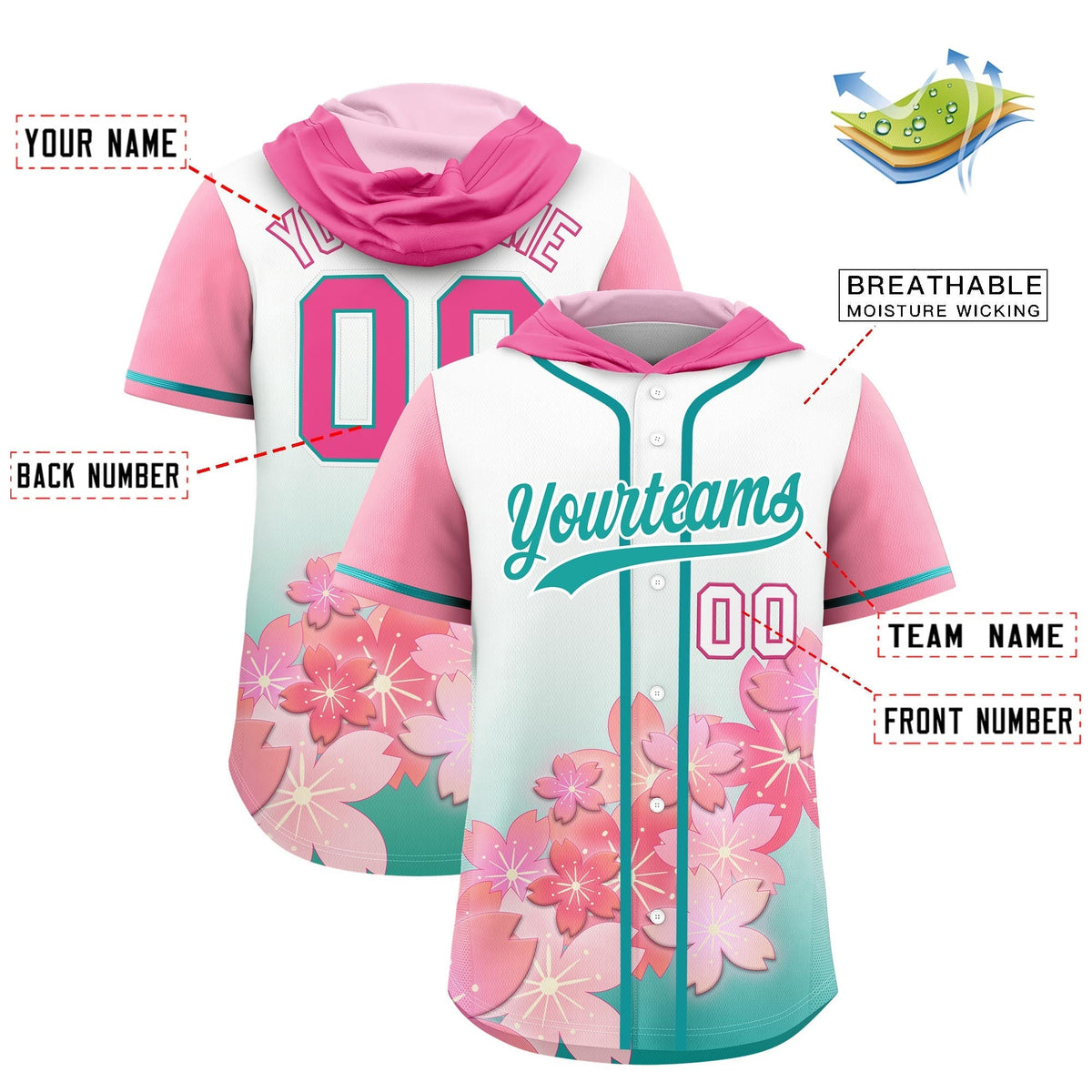 Custom Hooded Baseball Jersey | Pink Aqua Cherry Blossom Moisture-Wicking Jersey for Men &amp; Women