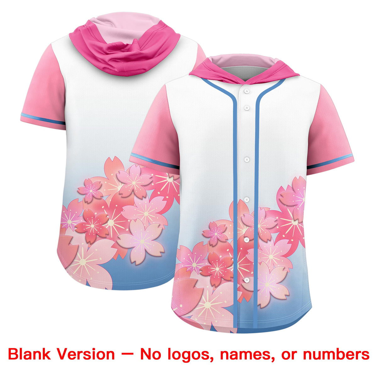 Custom Hooded Baseball Jersey | Pink Light Blue Cherry Blossom Personalized Name &amp; Number Sport Jersey