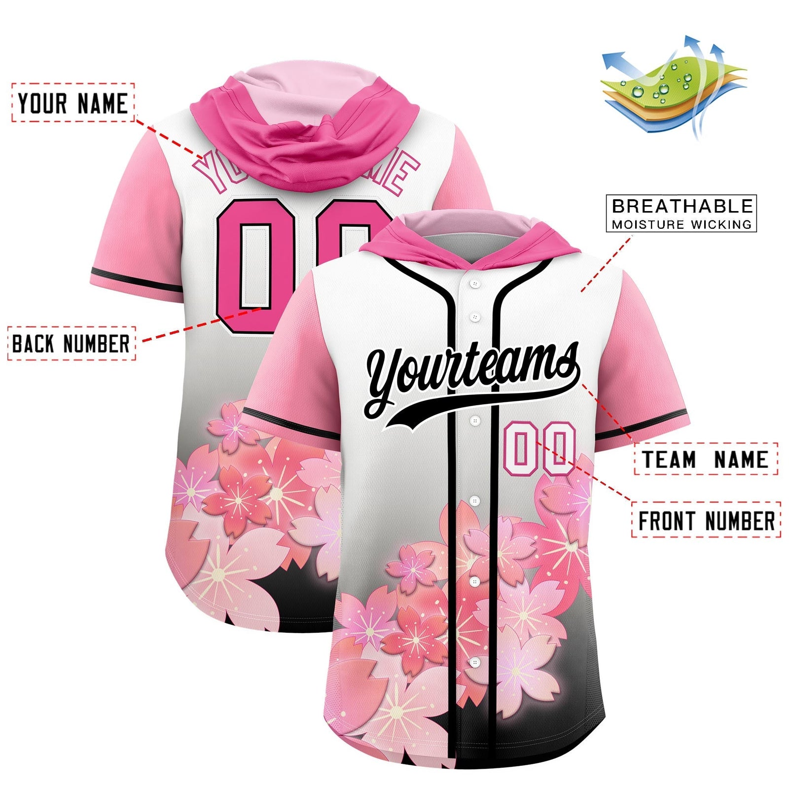 Custom Hooded Baseball Jersey | Pink Black Cherry Blossom Moisture-Wicking Jersey for Men & Women