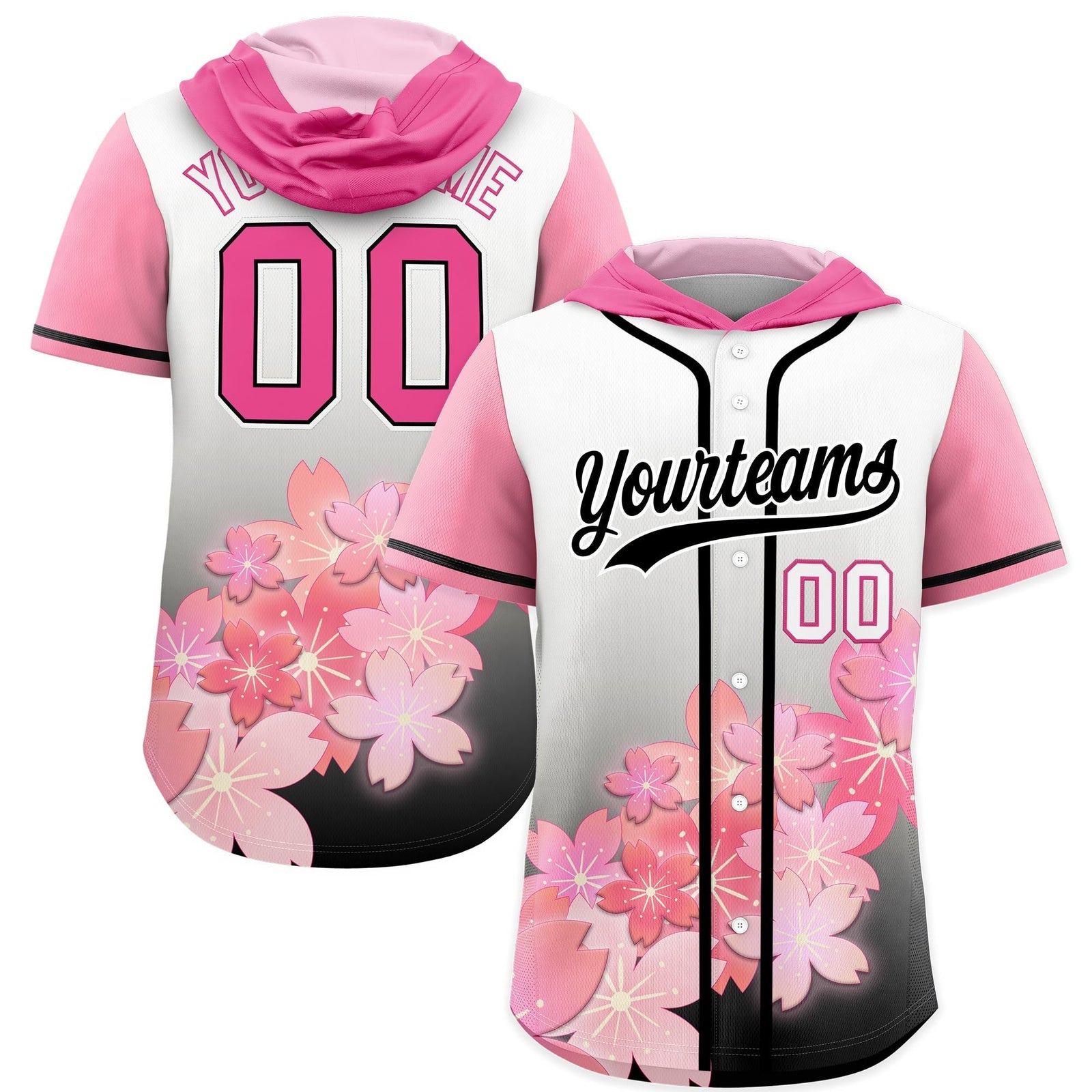 Custom Hooded Baseball Jersey | Pink Black Cherry Blossom Moisture-Wicking Jersey for Men & Women