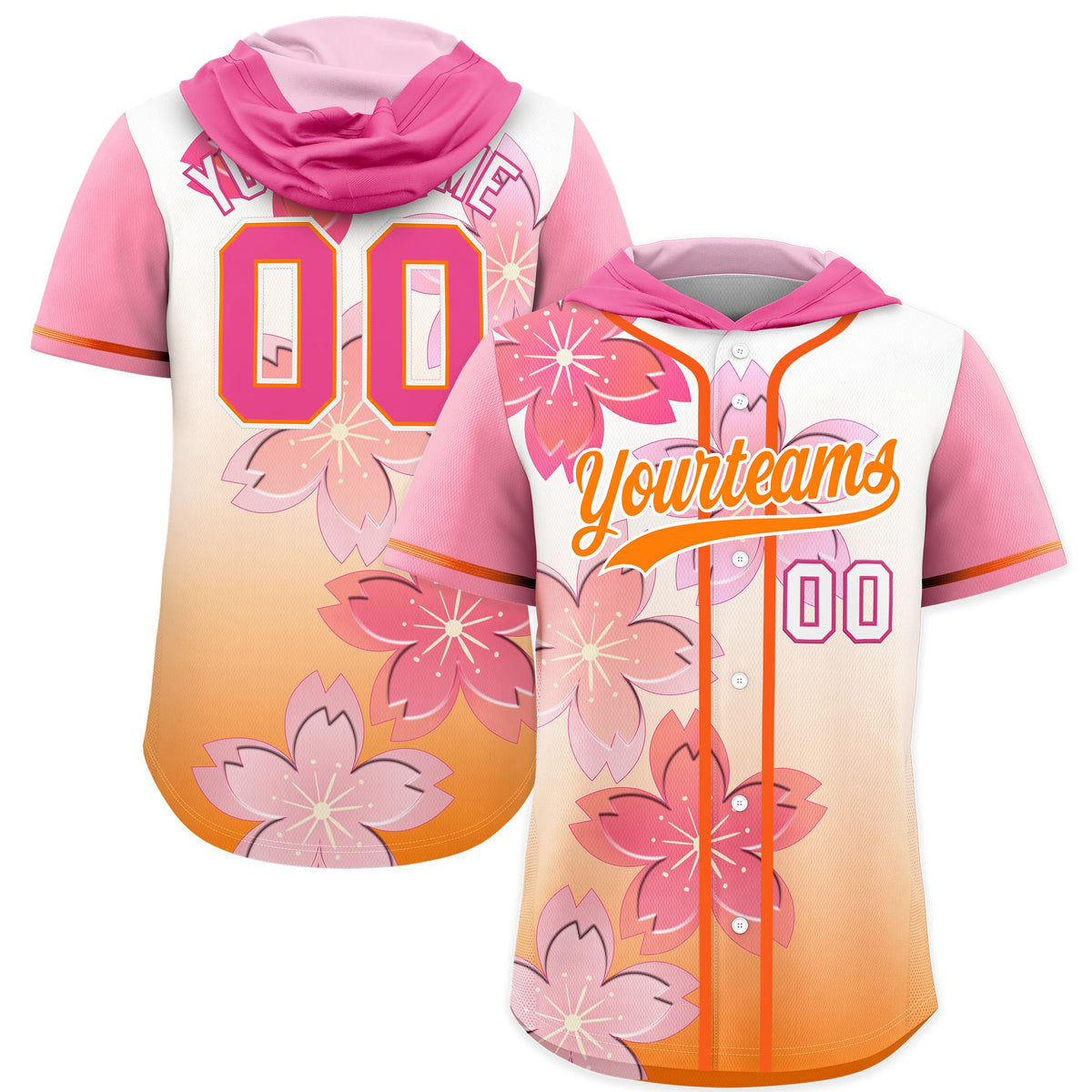 Custom Hooded Baseball Jersey | Pink Orange Cherry Blossom Moisture-Wicking Jersey for Men &amp; Women