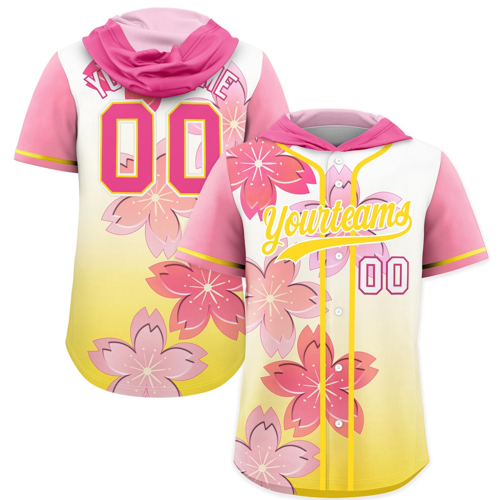 Custom Hooded Baseball Jersey | Pink Gold Cherry Blossom Personalized Name & Number Sport Jersey