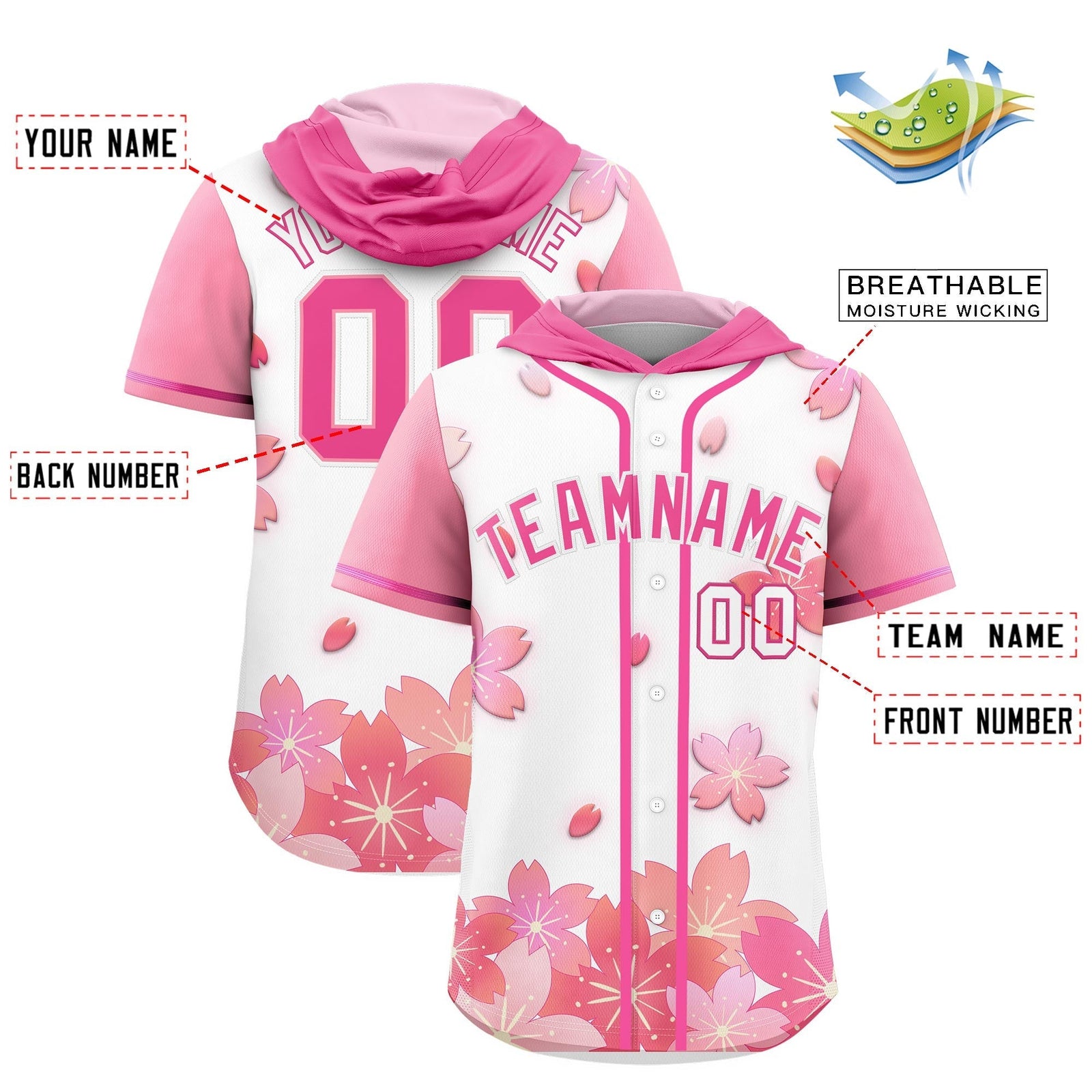 Custom Hooded Baseball Jersey | White Pink Cherry Blossom Personalized Name & Number Sport Jersey