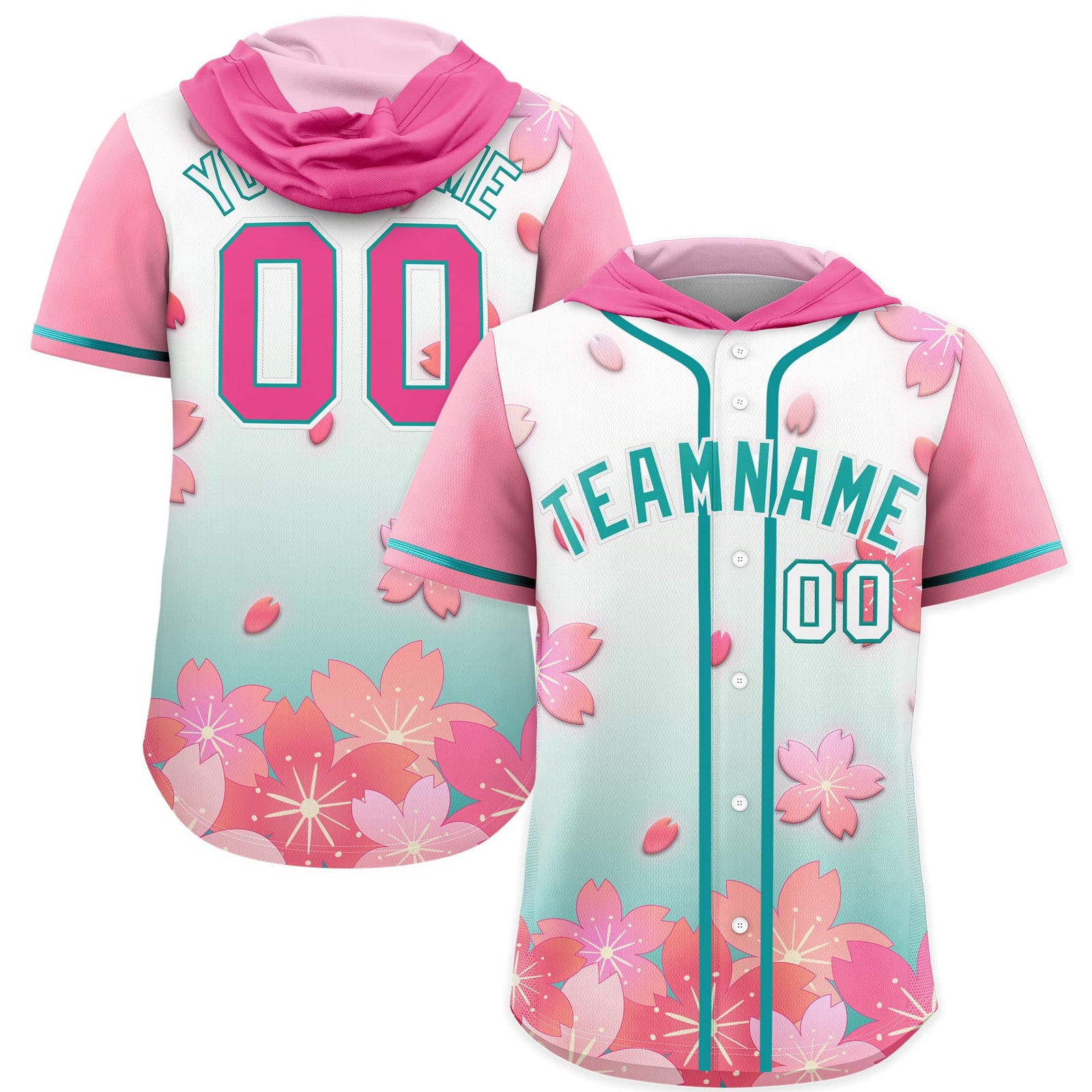 Custom Hooded Baseball Jersey | Pink Aqua Cherry Blossom Personalized Name & Number Sport Jersey