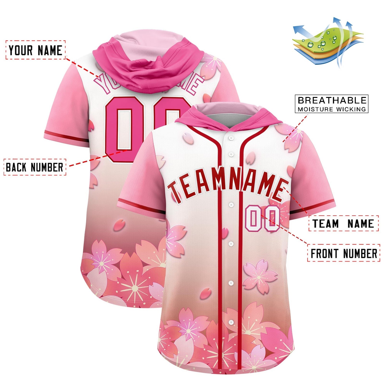 Custom Hooded Baseball Jersey | Pink Red Cherry Blossom Moisture-Wicking Jersey for Men & Women