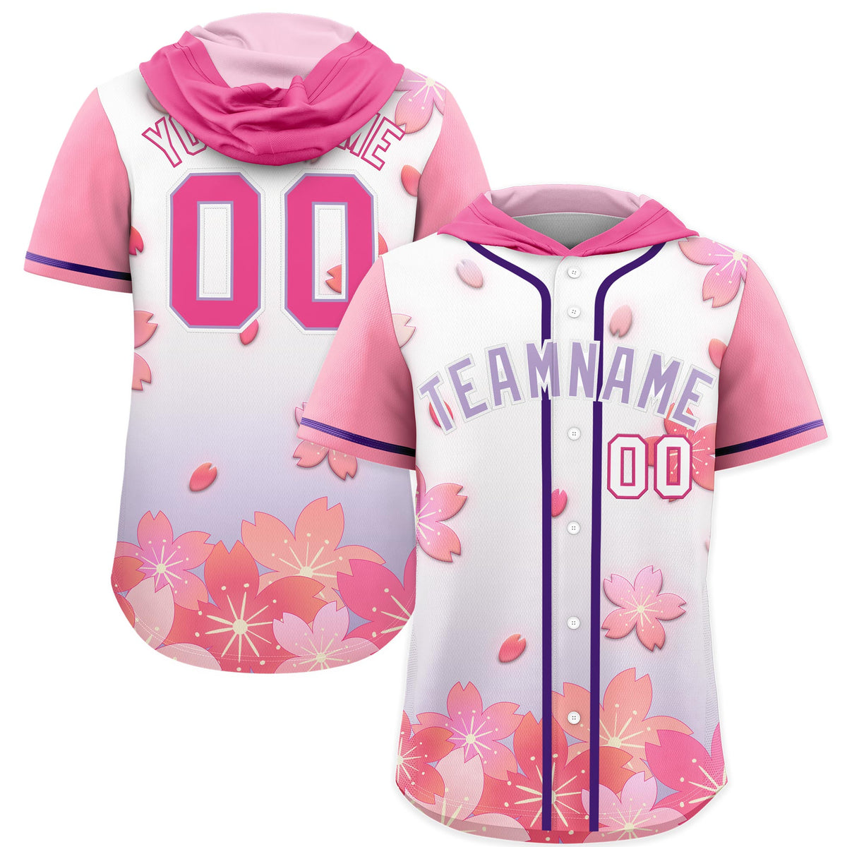 Custom Hooded Baseball Jersey | Pink Light Purple Cherry Blossom Personalized Name &amp; Number Sport Jersey