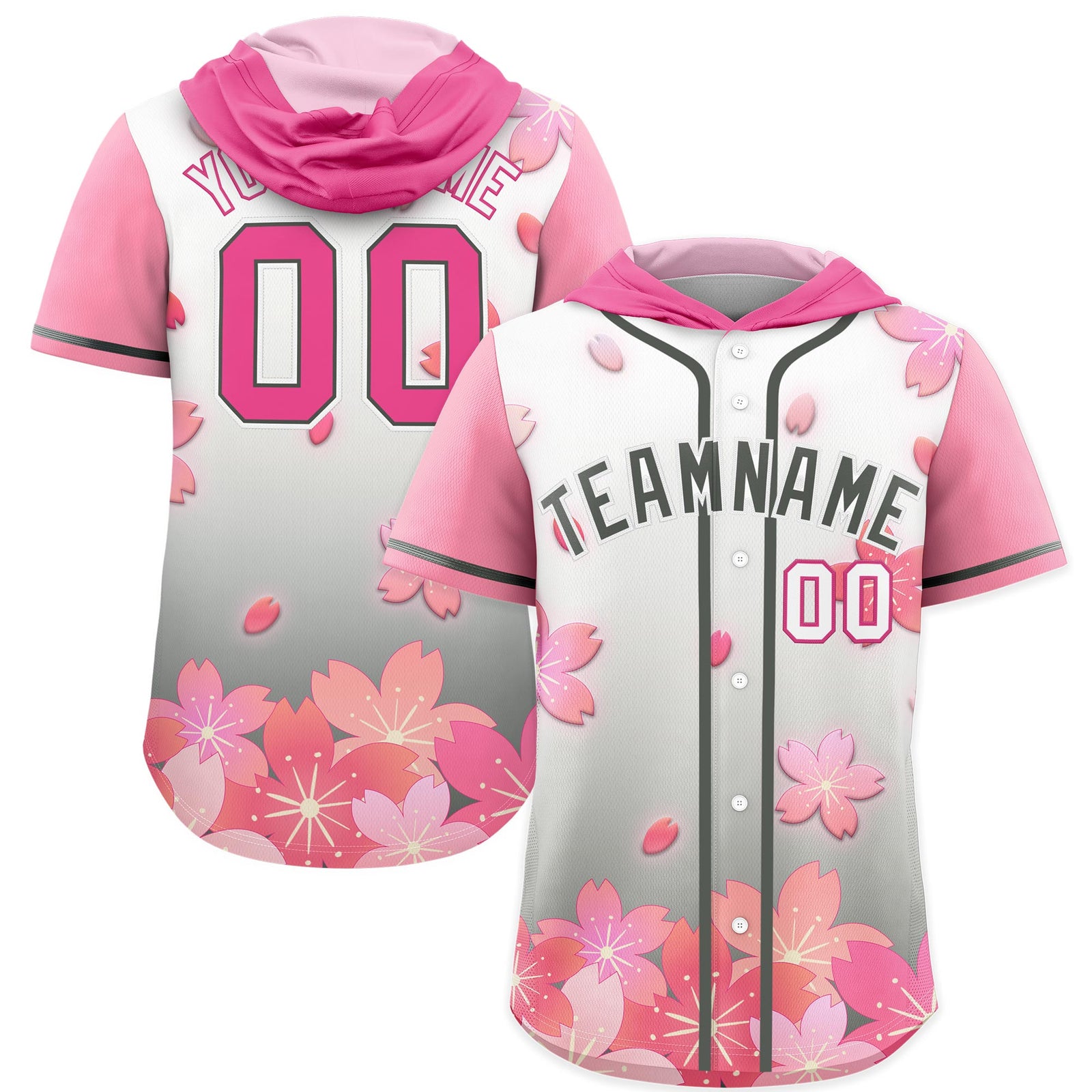 Custom Hooded Baseball Jersey | Pink Gray Cherry Blossom Moisture-Wicking Jersey for Men & Women