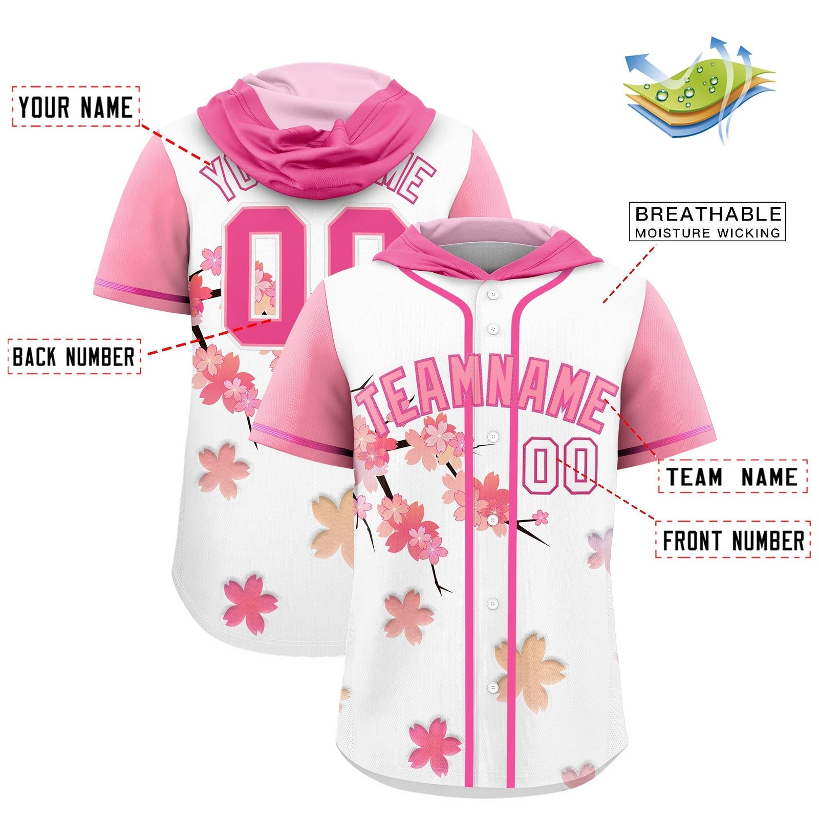 Custom Hooded Baseball Jersey | Pink Light Pink Cherry Blossom Breathable Athleisure Streetwear