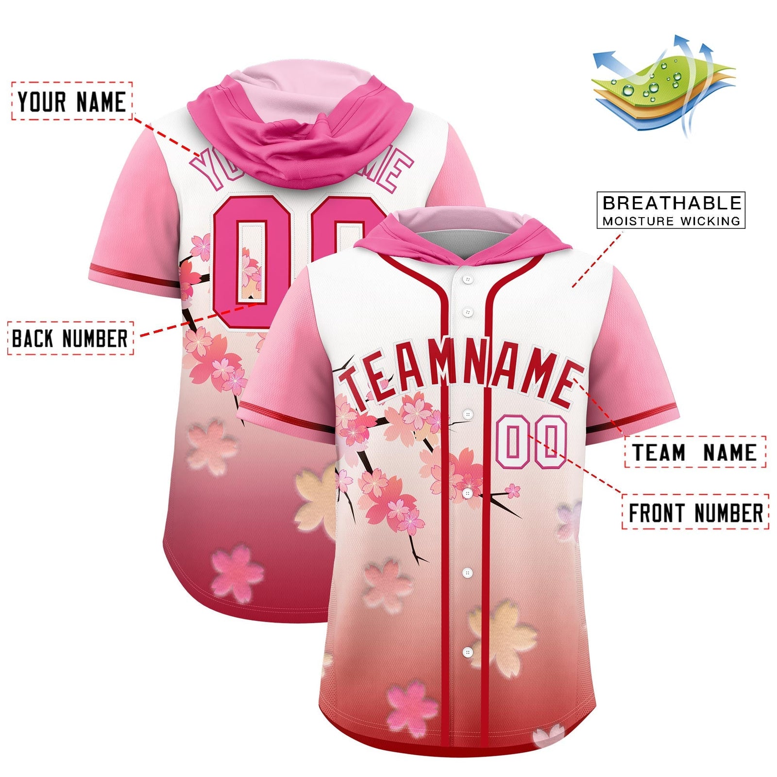 Custom Hooded Baseball Jersey | Pink Red Cherry Blossom Moisture-Wicking Jersey for Men & Women