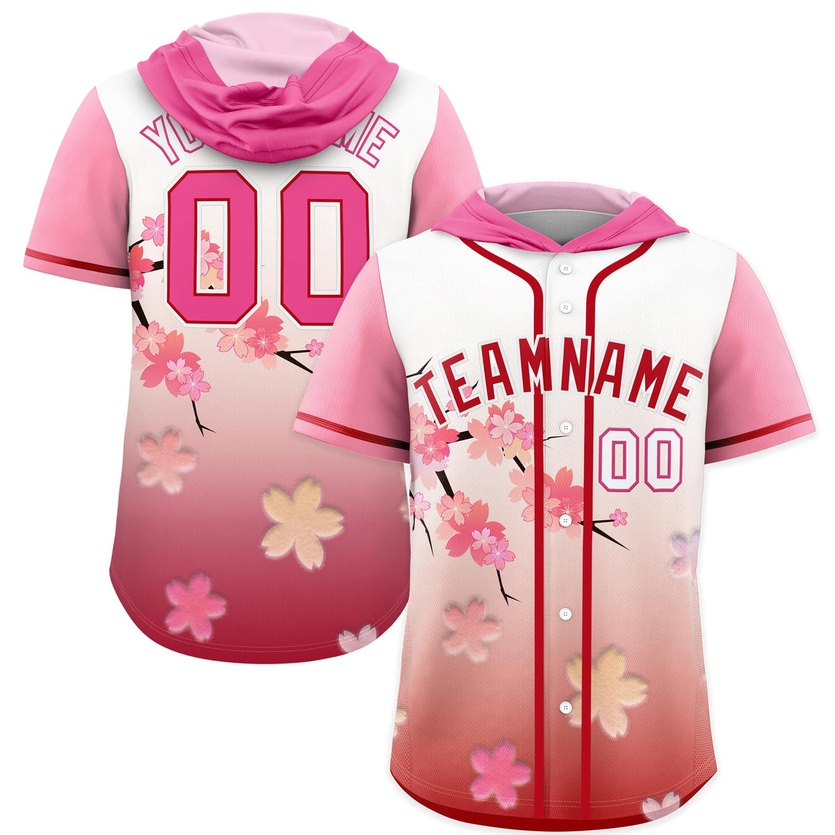 Custom Hooded Baseball Jersey | Pink Red Cherry Blossom Moisture-Wicking Jersey for Men &amp; Women