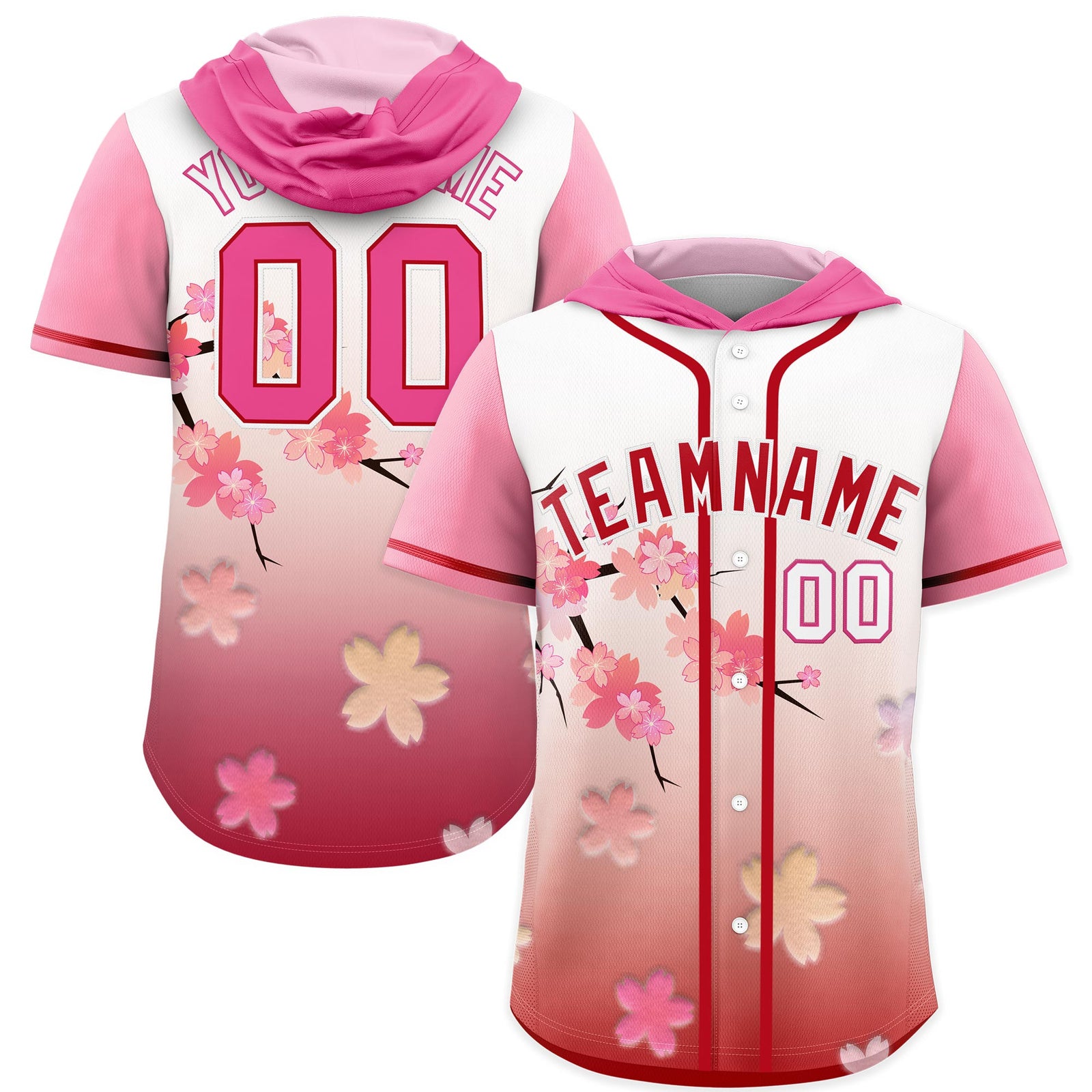 Custom Hooded Baseball Jersey | Pink Red Cherry Blossom Moisture-Wicking Jersey for Men & Women