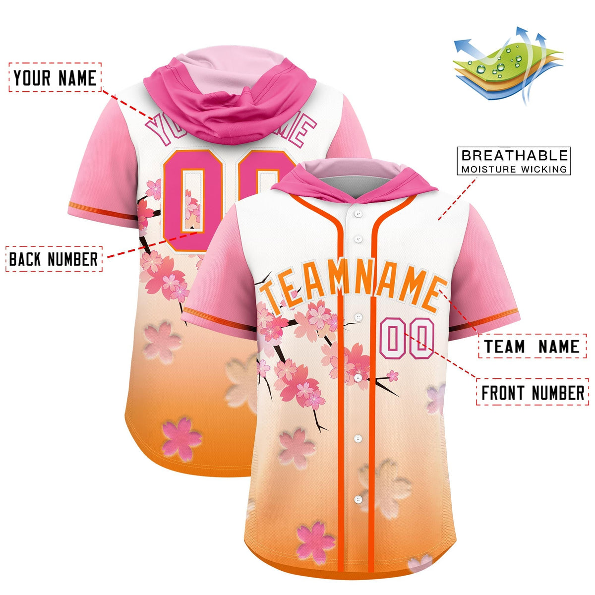 Custom Hooded Baseball Jersey | Pink Orange Cherry Blossom Personalized Name &amp; Number Sport Jersey