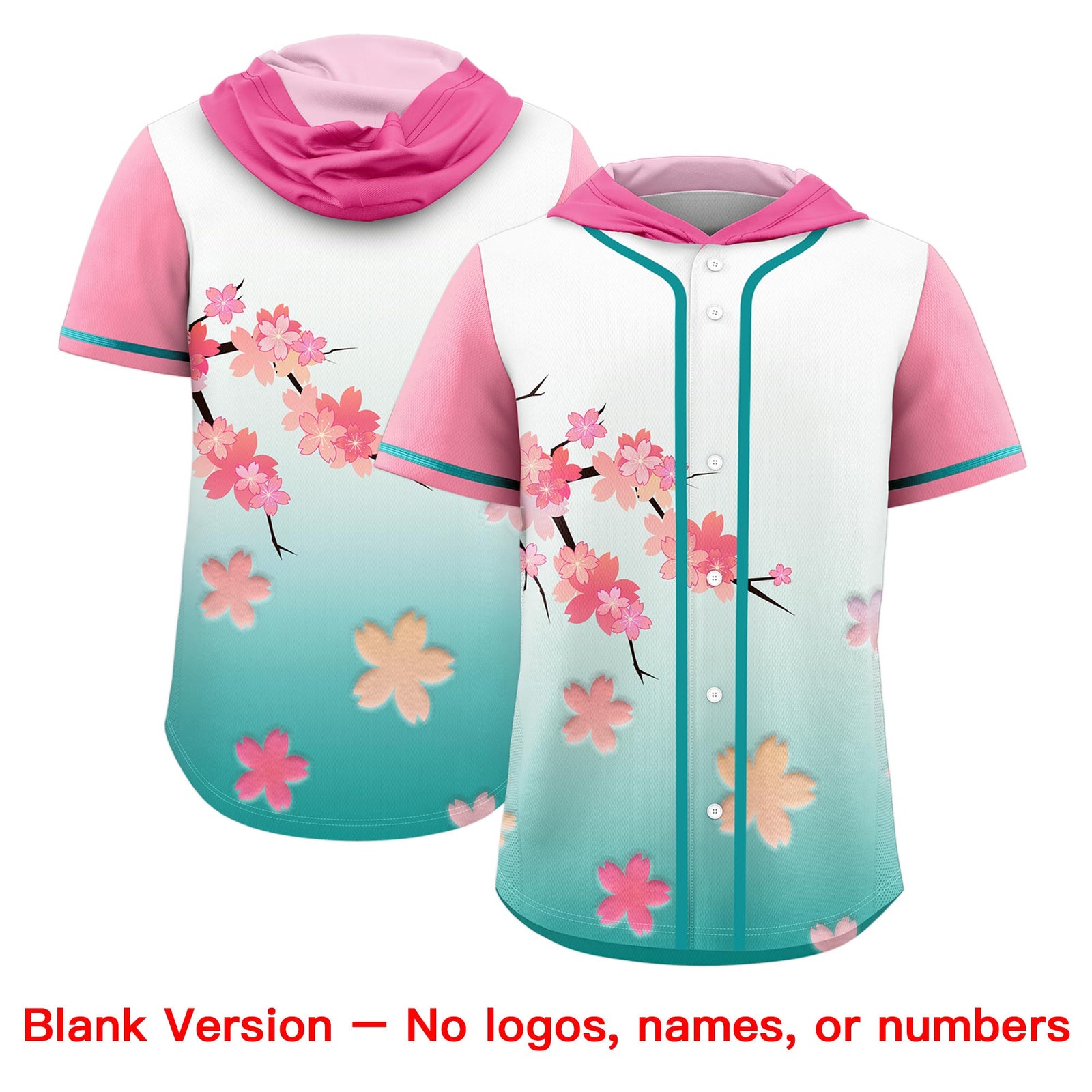Custom Hooded Baseball Jersey | Pink Aqua Cherry Blossom Personalized Name & Number Sport Jersey