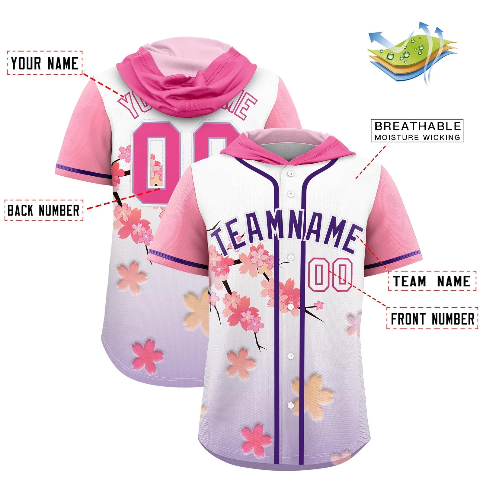 Custom Hooded Baseball Jersey | Pink Purple Cherry Blossom Moisture-Wicking Jersey for Men & Women