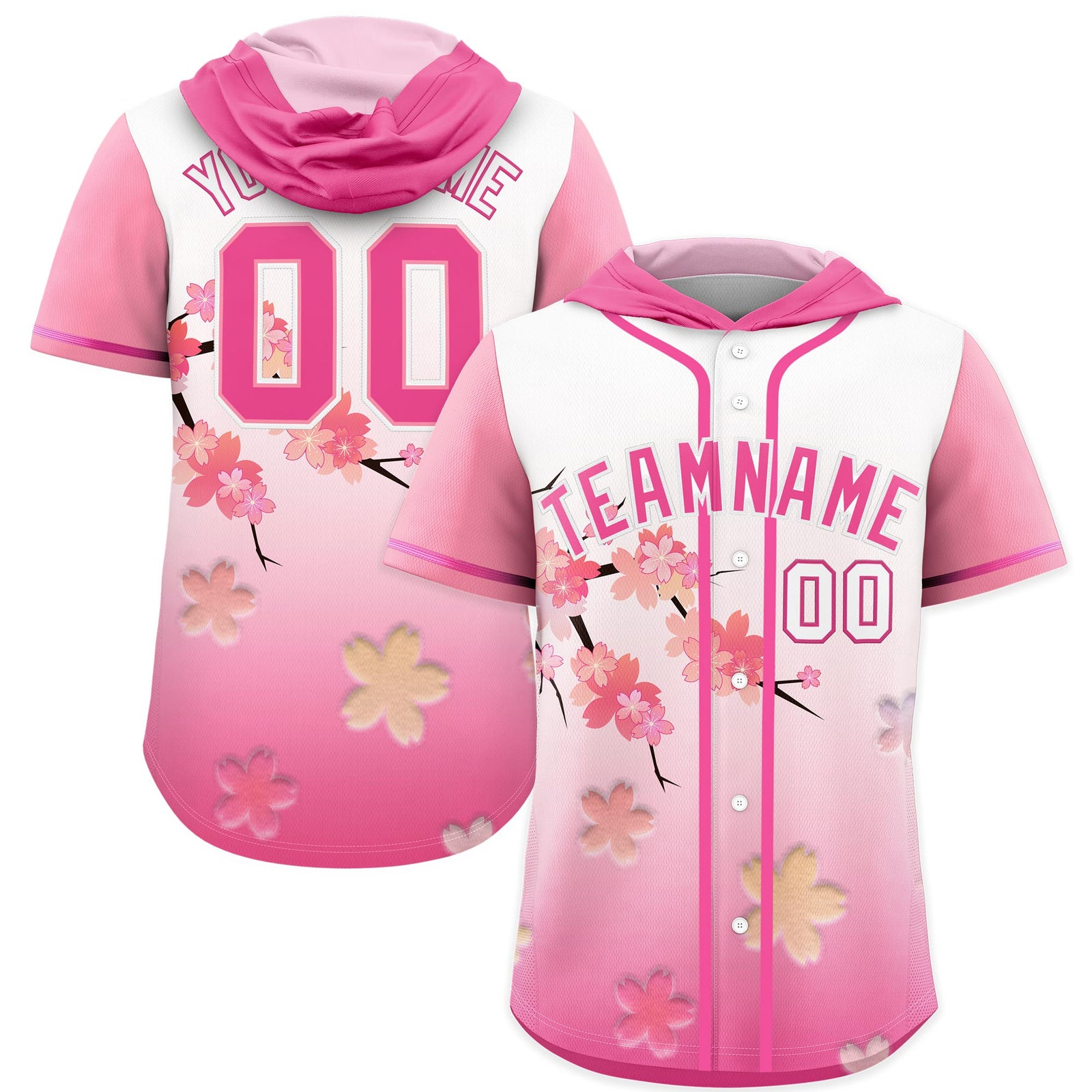 Custom Hooded Baseball Jersey | Pink White Cherry Blossom Personalized Name & Number Sport Jersey