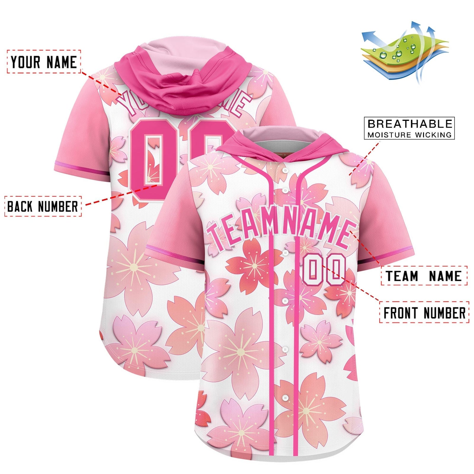 Custom Hooded Baseball Jersey | Pink White Cherry Blossom Moisture-Wicking Jersey for Men & Women