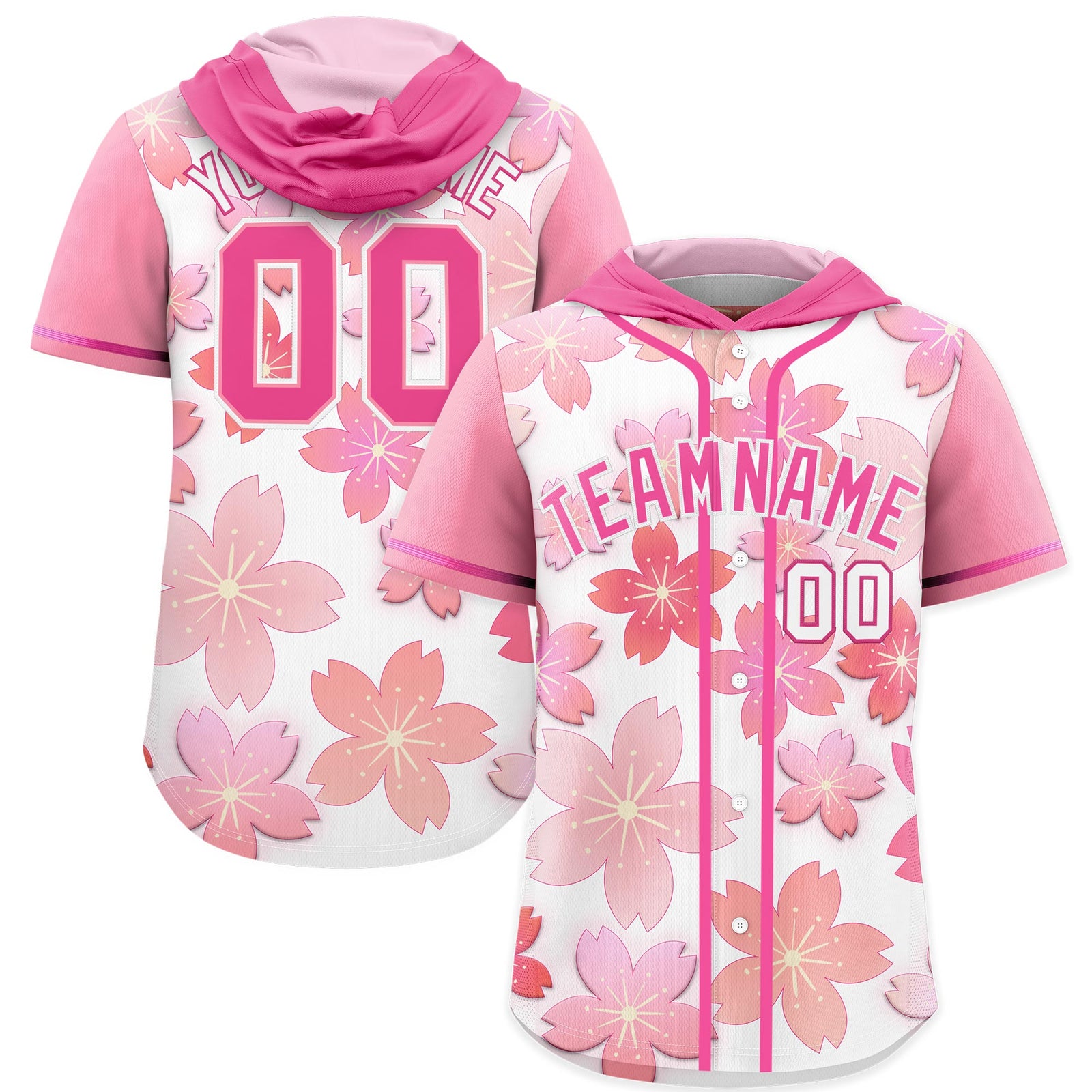 Custom Hooded Baseball Jersey | Pink White Cherry Blossom Moisture-Wicking Jersey for Men & Women