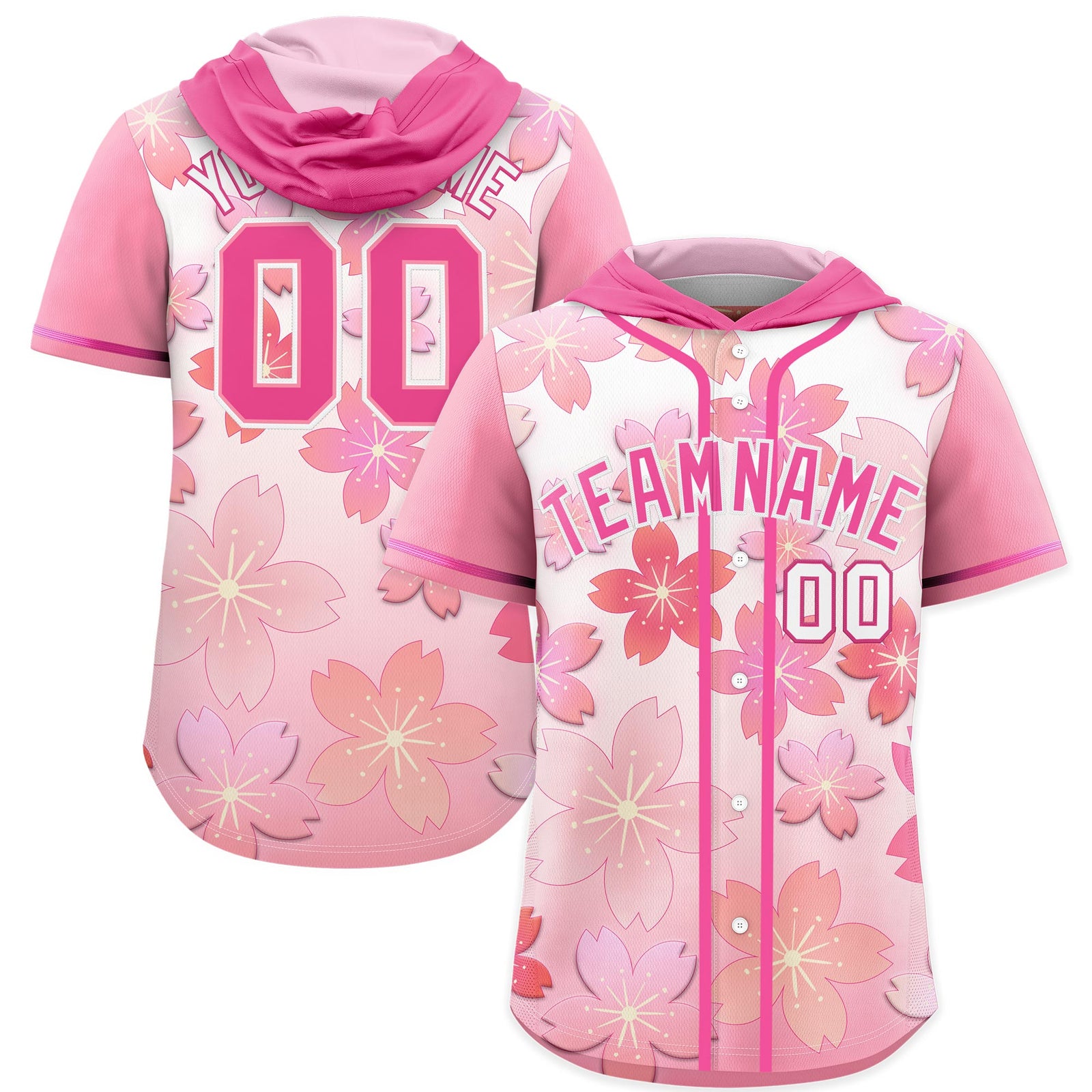 Custom Hooded Baseball Jersey | Pink Pink Cherry Blossom Personalized Name & Number Sport Jersey