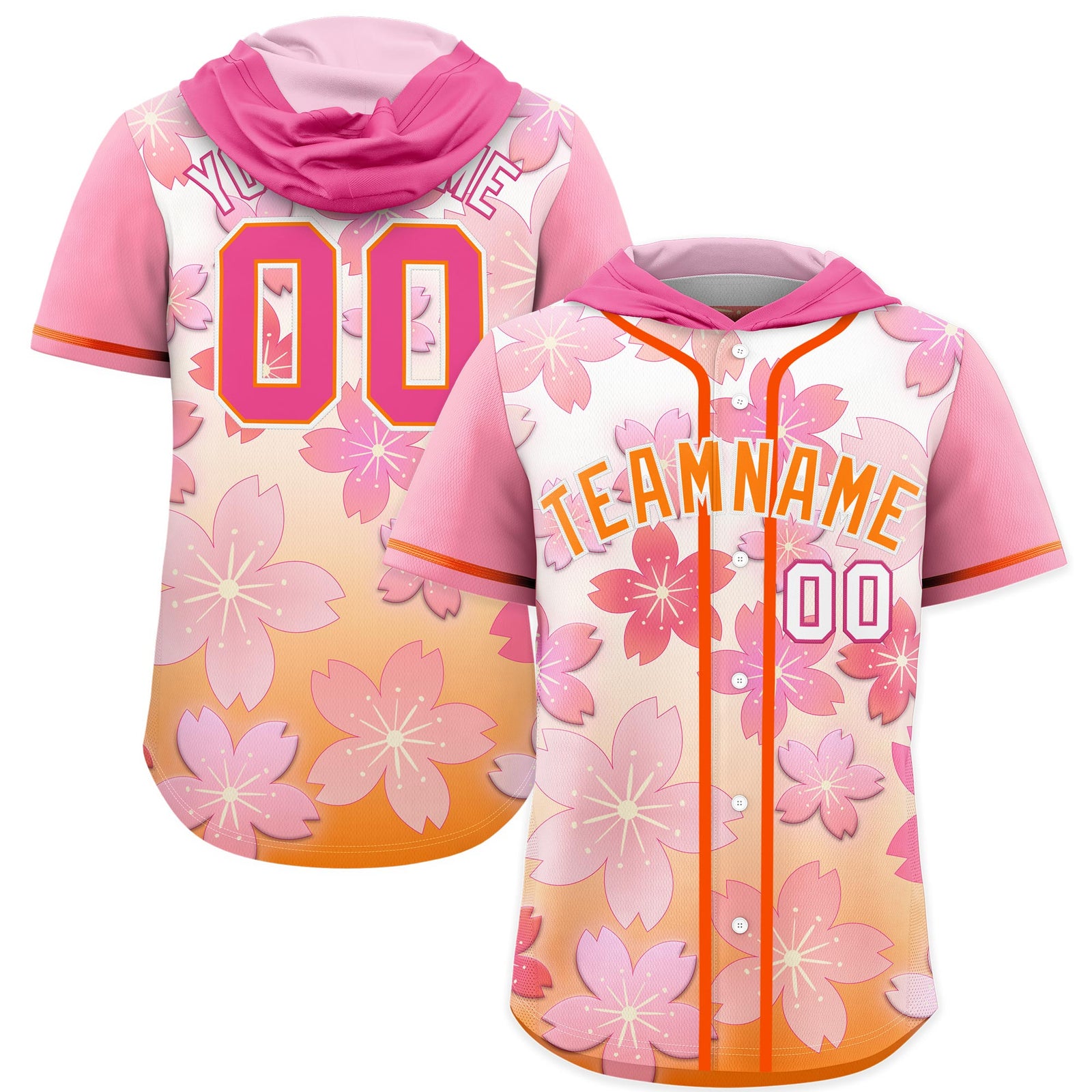 Custom Hooded Baseball Jersey | Pink Orange Cherry Blossom Moisture-Wicking Jersey for Men & Women