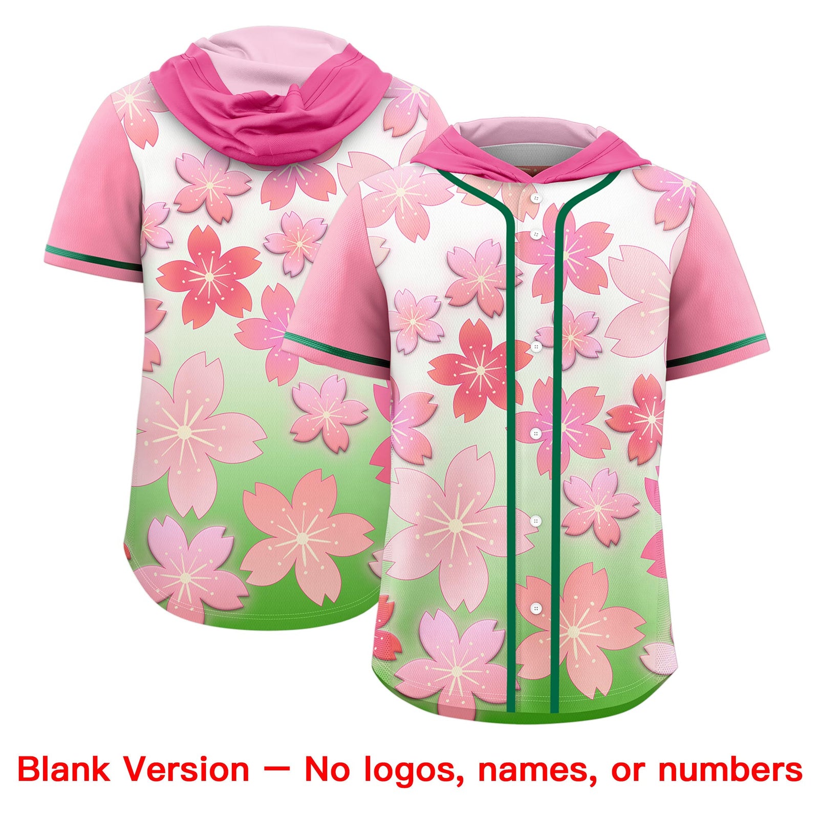 Custom Hooded Baseball Jersey | Pink Light Green Cherry Blossom Breathable Athleisure Streetwear