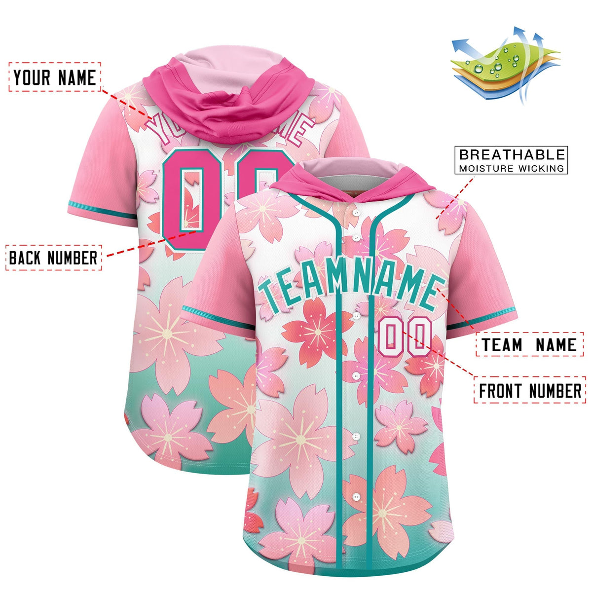 Custom Hooded Baseball Jersey | Pink Aqua Cherry Blossom Moisture-Wicking Jersey for Men &amp; Women