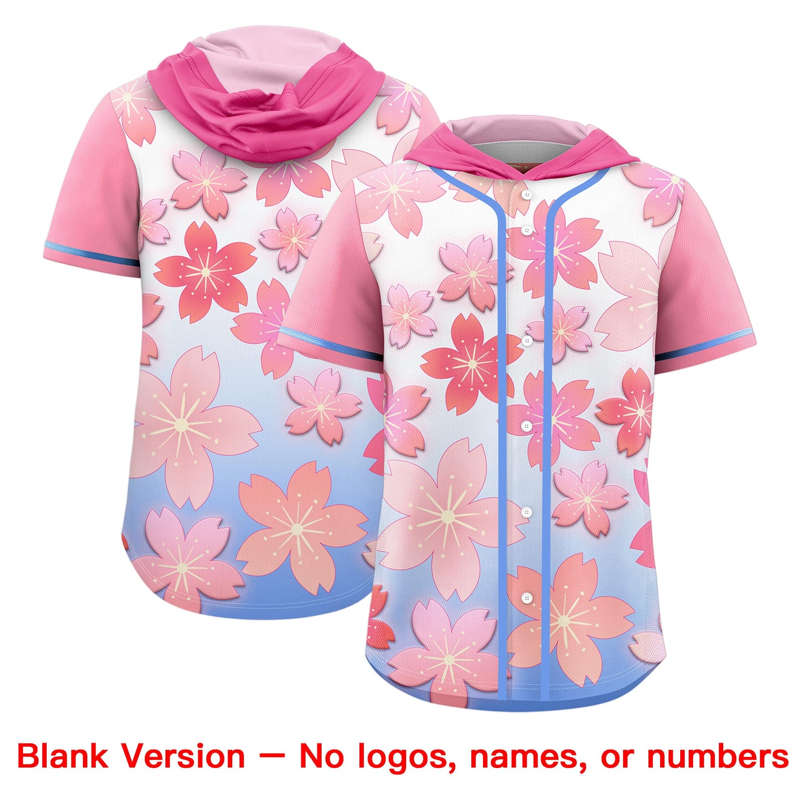 Custom Hooded Baseball Jersey | Pink Light Blue Cherry Blossom Personalized Name & Number Sport Jersey
