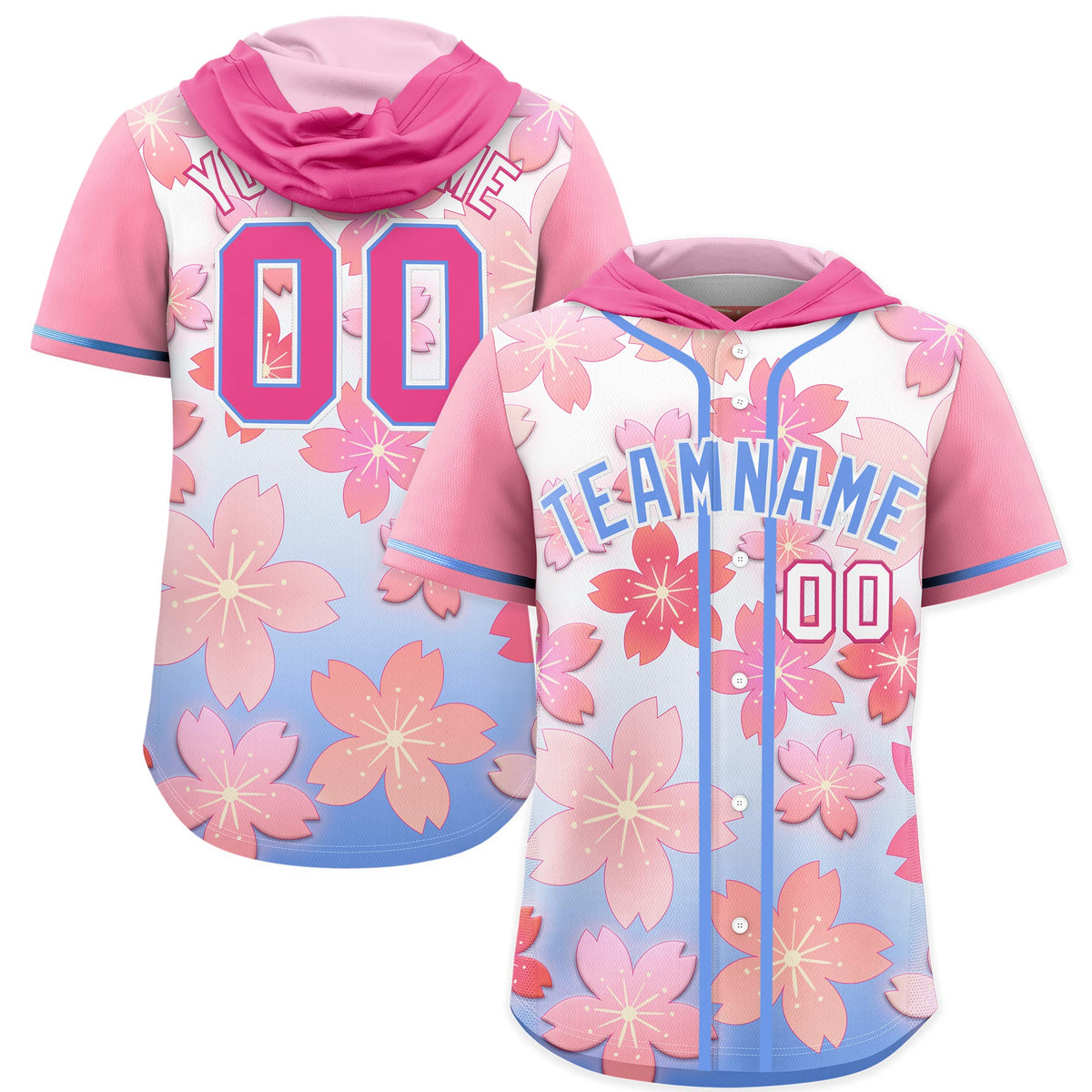 Custom Hooded Baseball Jersey | Pink Light Blue Cherry Blossom Personalized Name &amp; Number Sport Jersey