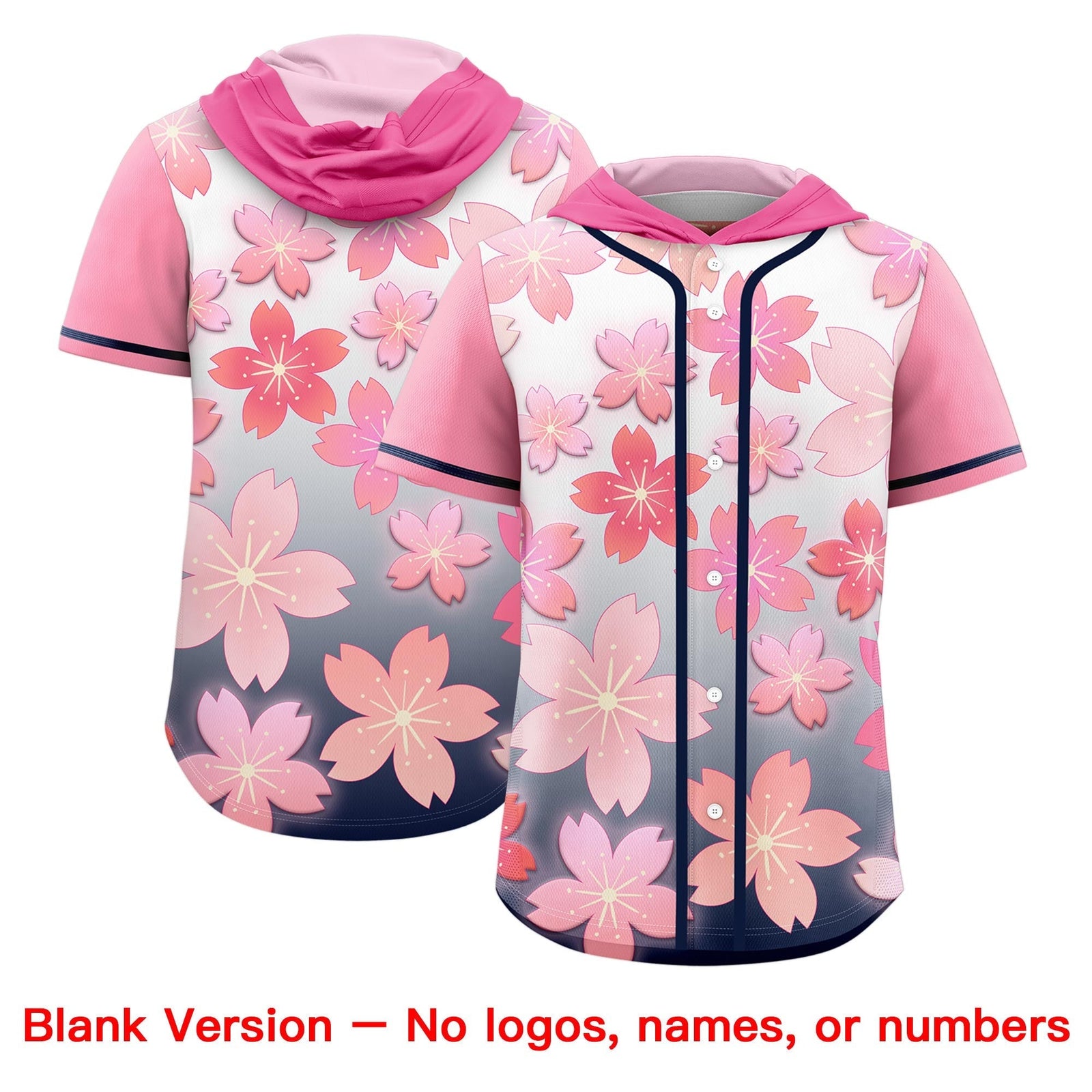 Custom Hooded Baseball Jersey | Pink Navy Cherry Blossom Breathable Athleisure Streetwear