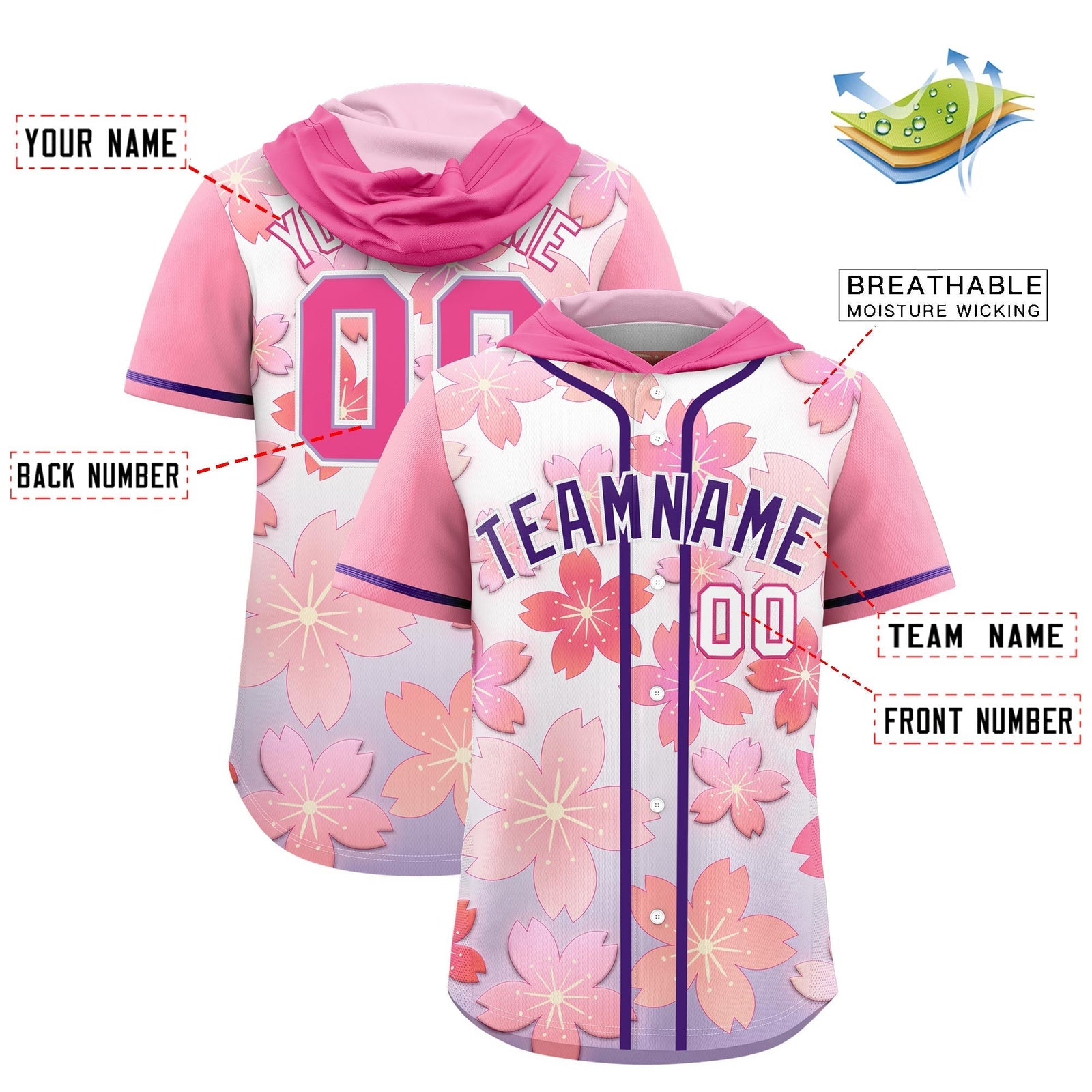 Custom Hooded Baseball Jersey | Pink Purple Cherry Blossom Moisture-Wicking Jersey for Men & Women