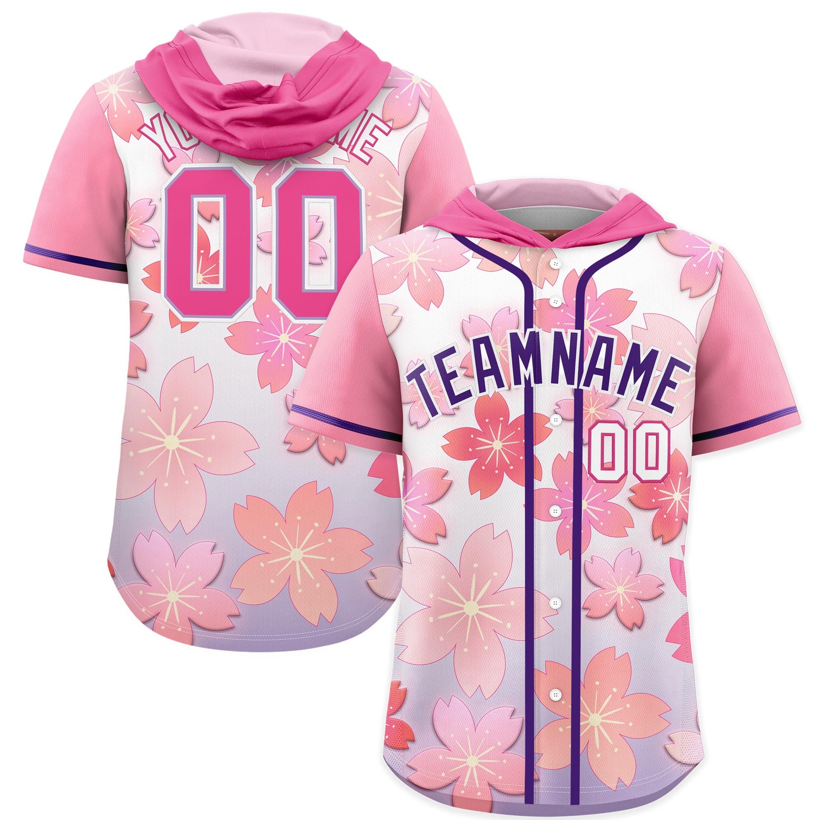 Custom Hooded Baseball Jersey | Pink Purple Cherry Blossom Moisture-Wicking Jersey for Men & Women