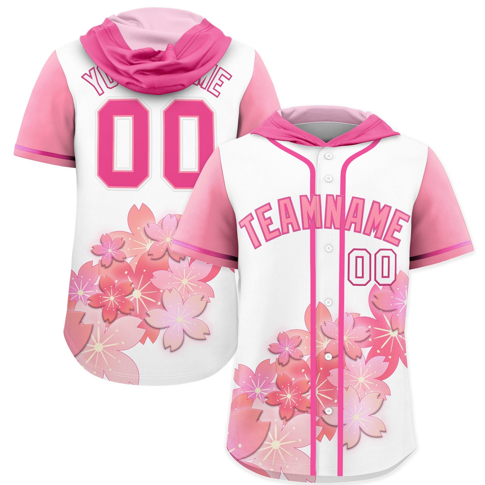 Custom Hooded Baseball Jersey | Pink Light Pink Cherry Blossom Personalized Name & Number Sport Jersey