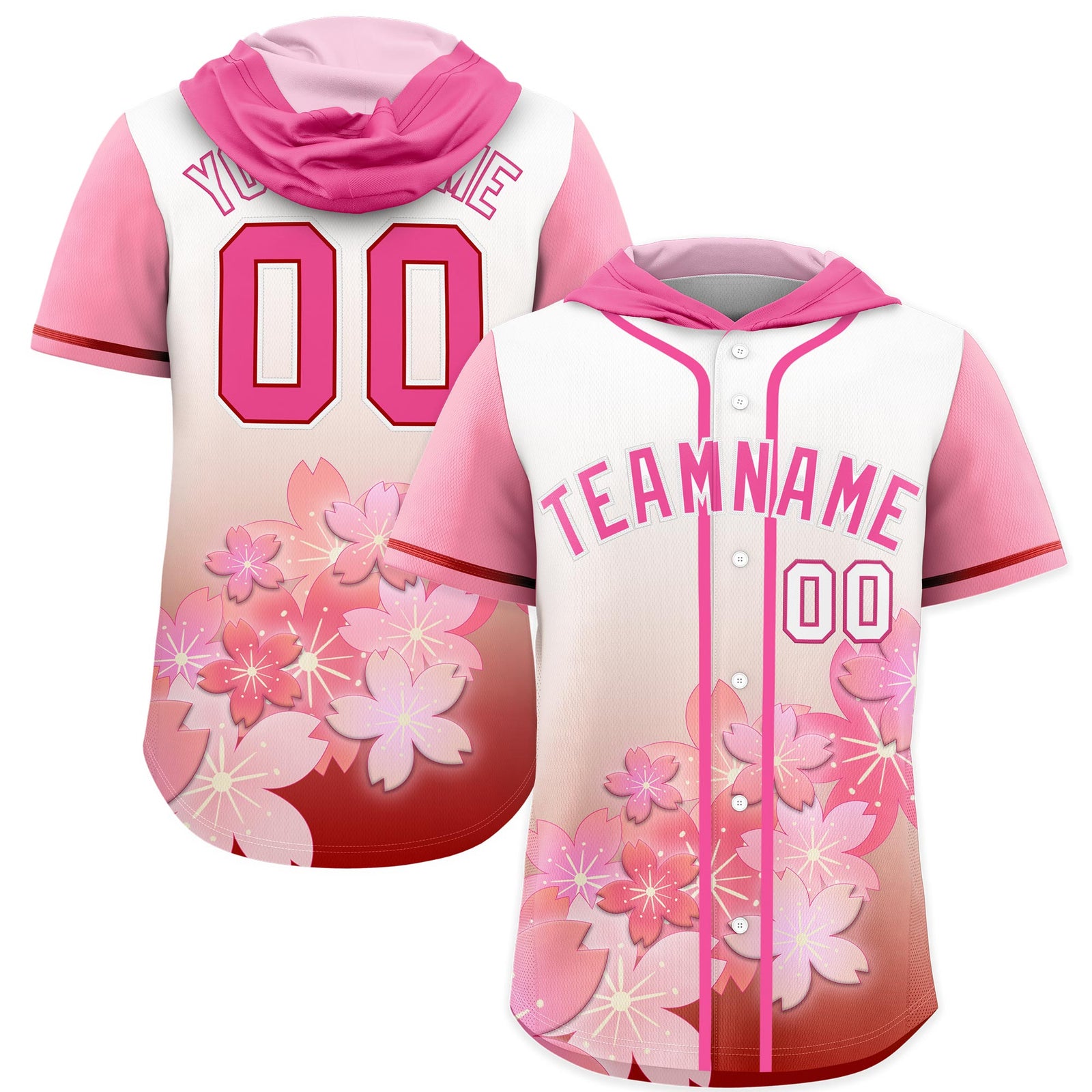 Custom Hooded Baseball Jersey | Pink Pink Cherry Blossom Breathable Athleisure Streetwear