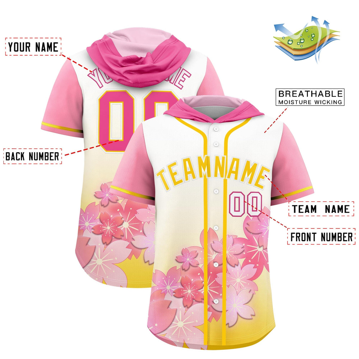 Custom Hooded Baseball Jersey | Gold White Cherry Blossom Personalized Name &amp; Number Sport Jersey