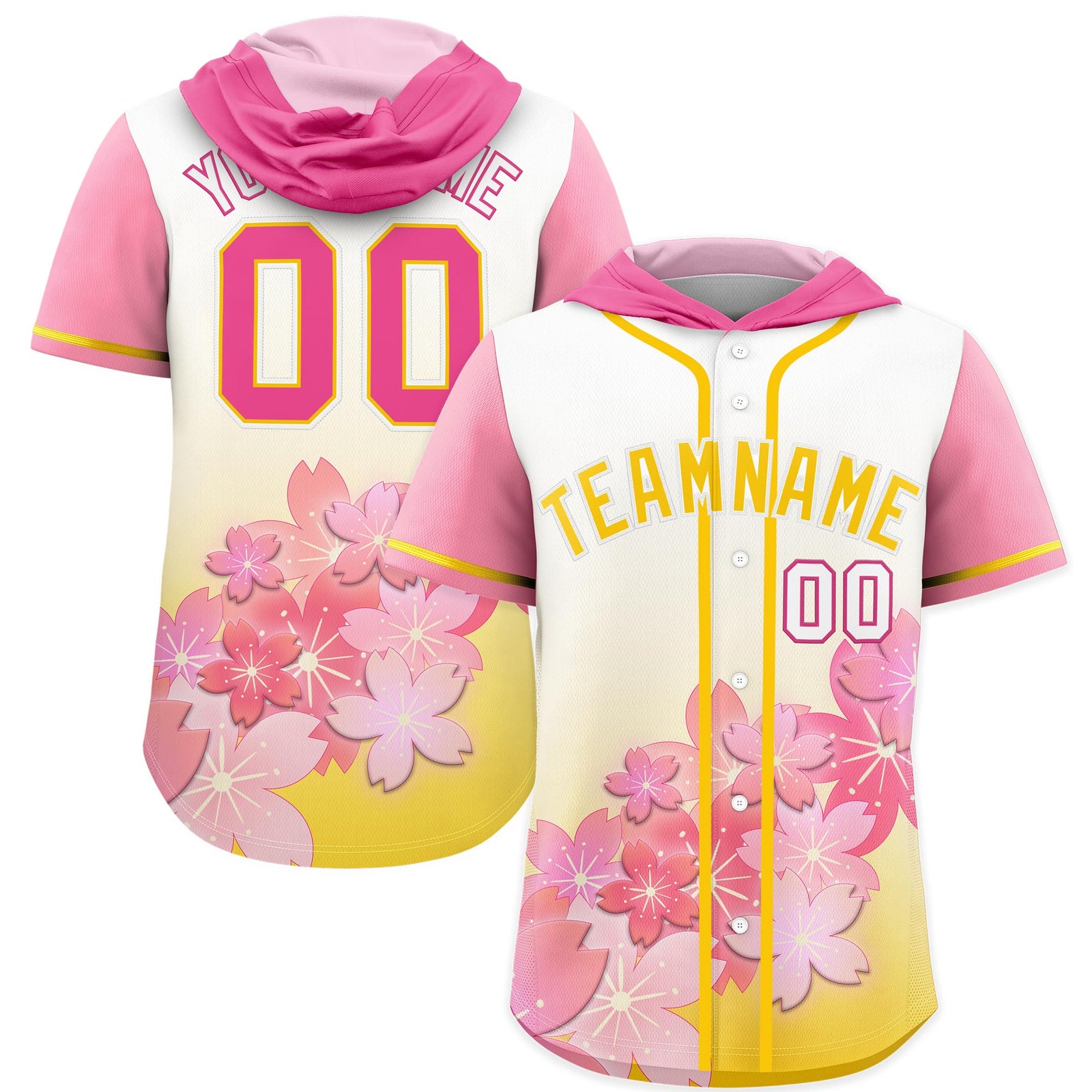 Custom Hooded Baseball Jersey | Gold White Cherry Blossom Personalized Name & Number Sport Jersey