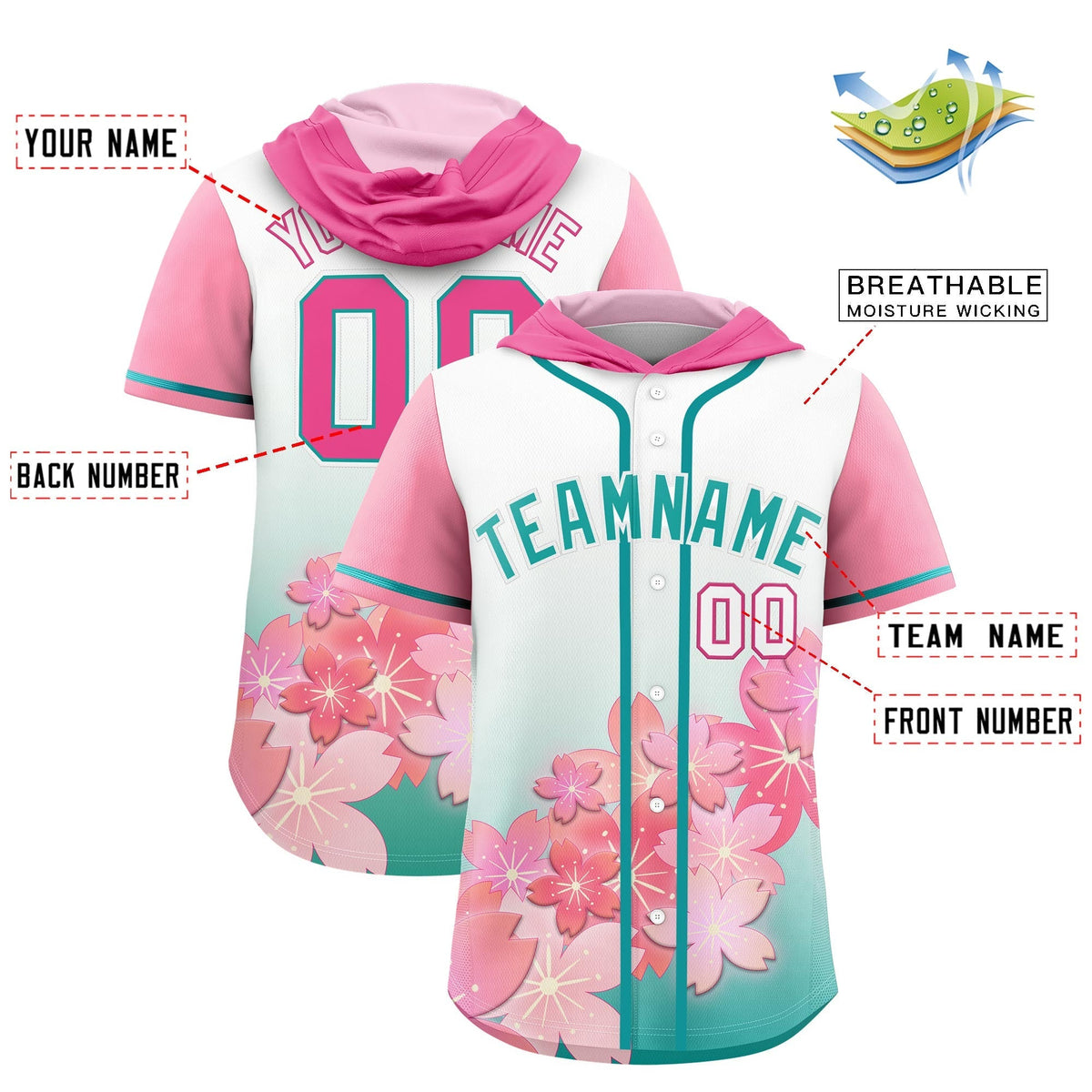 Custom Hooded Baseball Jersey | Pink Aqua Cherry Blossom Moisture-Wicking Jersey for Men &amp; Women
